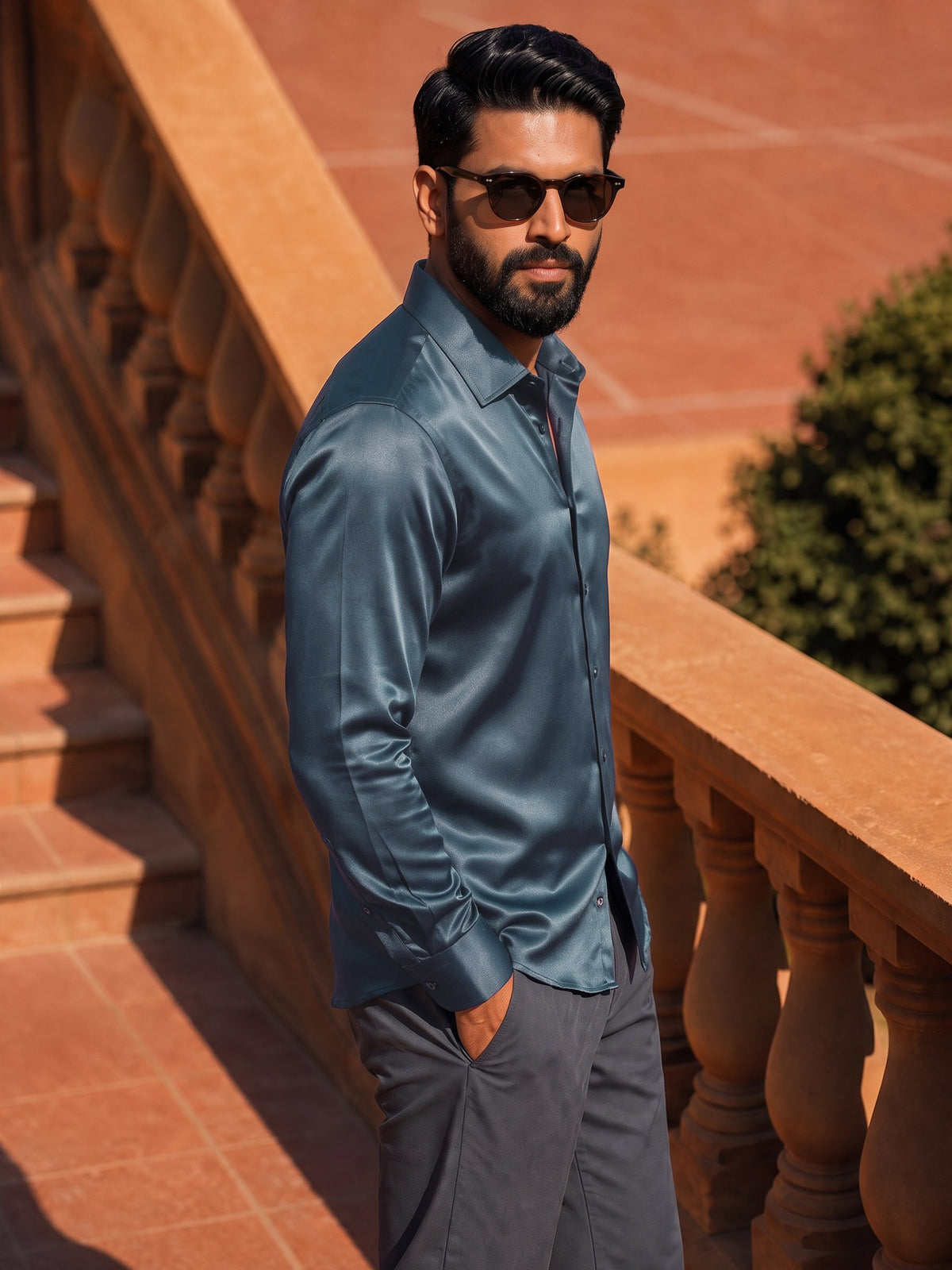 Petrol Blue Cotton Stretch Slim Fit Full Sleeve Shirt