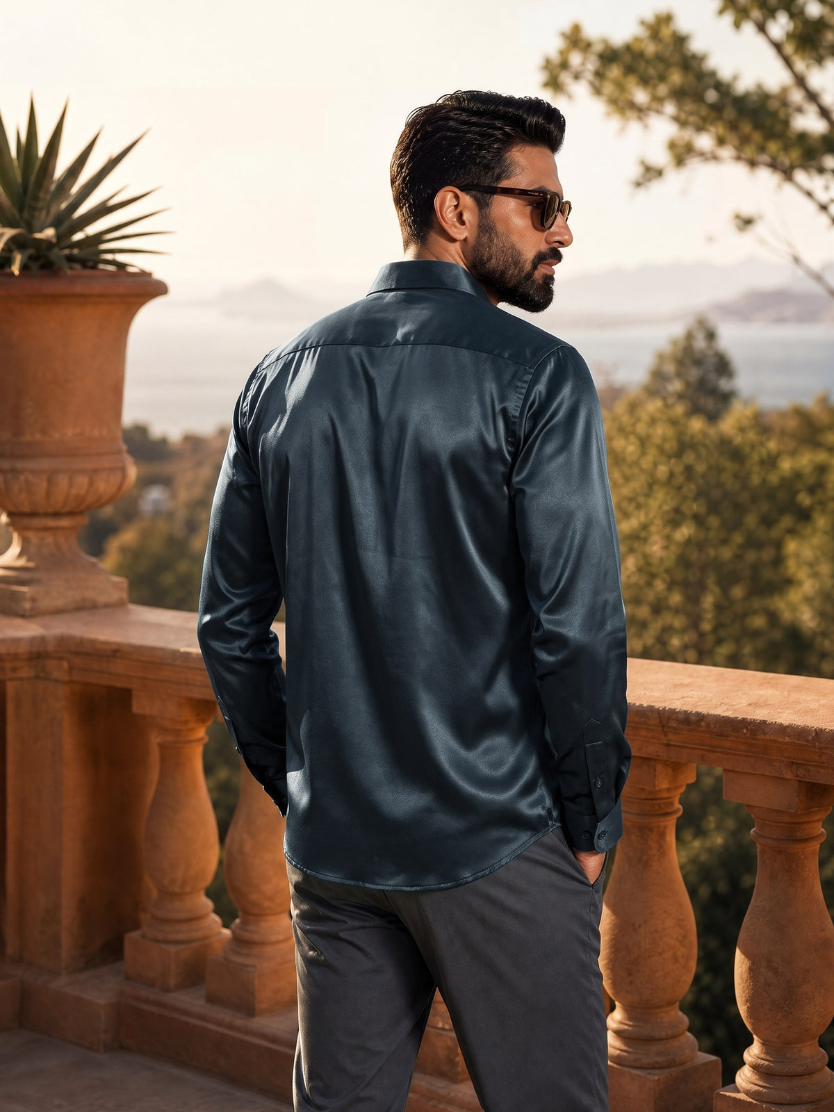 Petrol Blue Cotton Stretch Slim Fit Full Sleeve Shirt