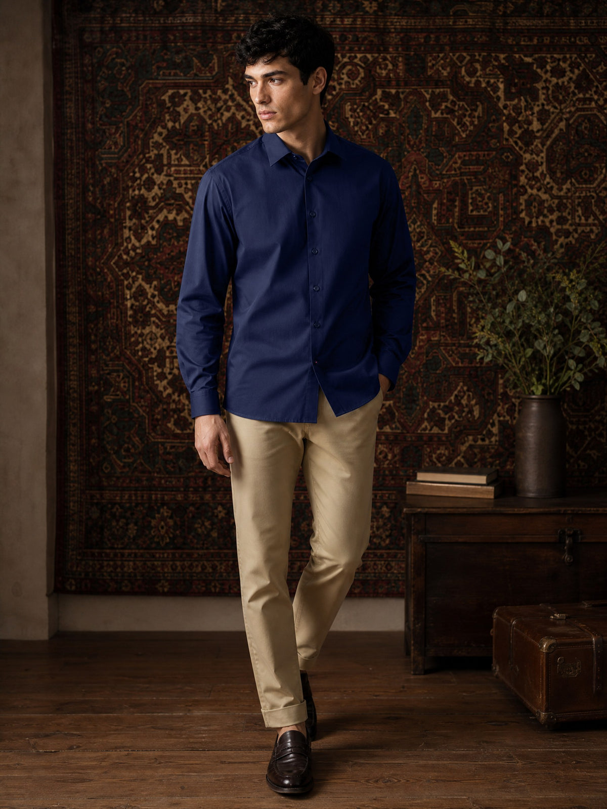 Navy Cotton Stretch Slim Fit Full Sleeve Shirt