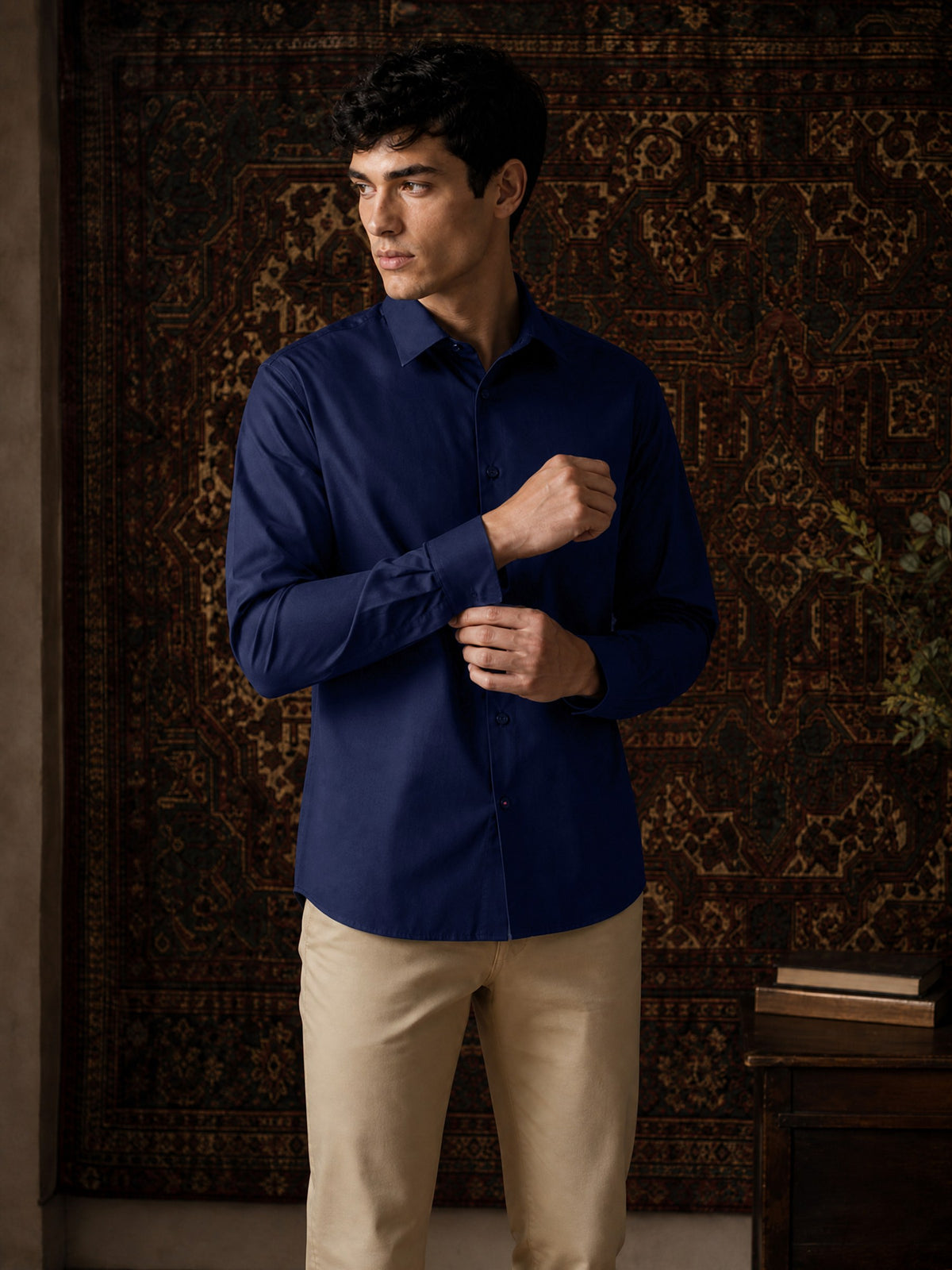 Navy Cotton Stretch Slim Fit Full Sleeve Shirt
