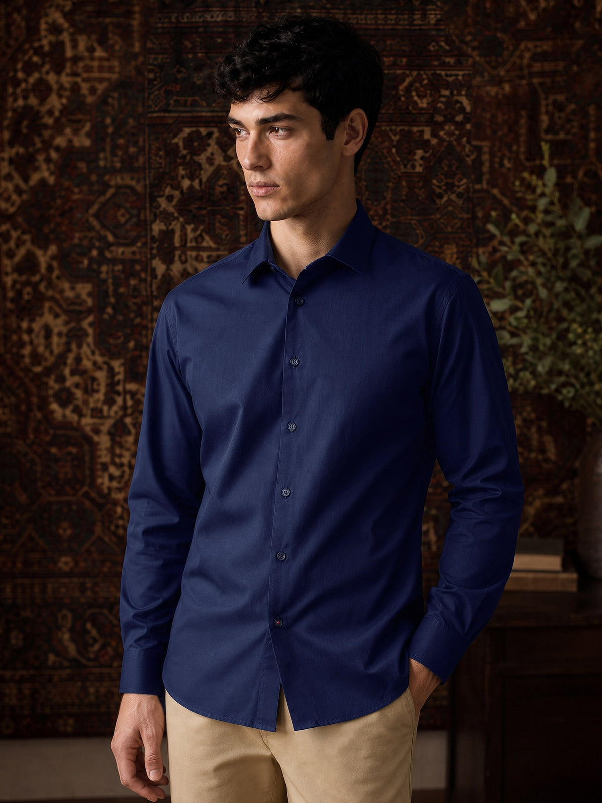Navy Cotton Stretch Slim Fit Full Sleeve Shirt