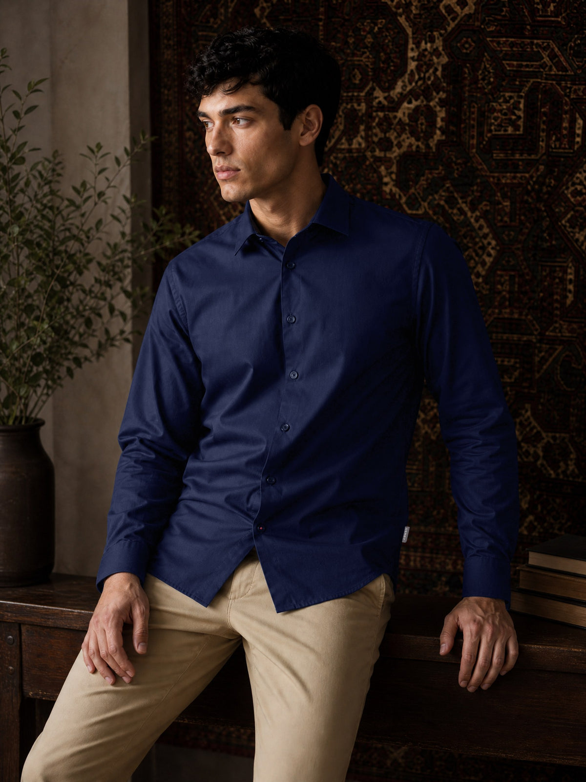 Navy Cotton Stretch Slim Fit Full Sleeve Shirt