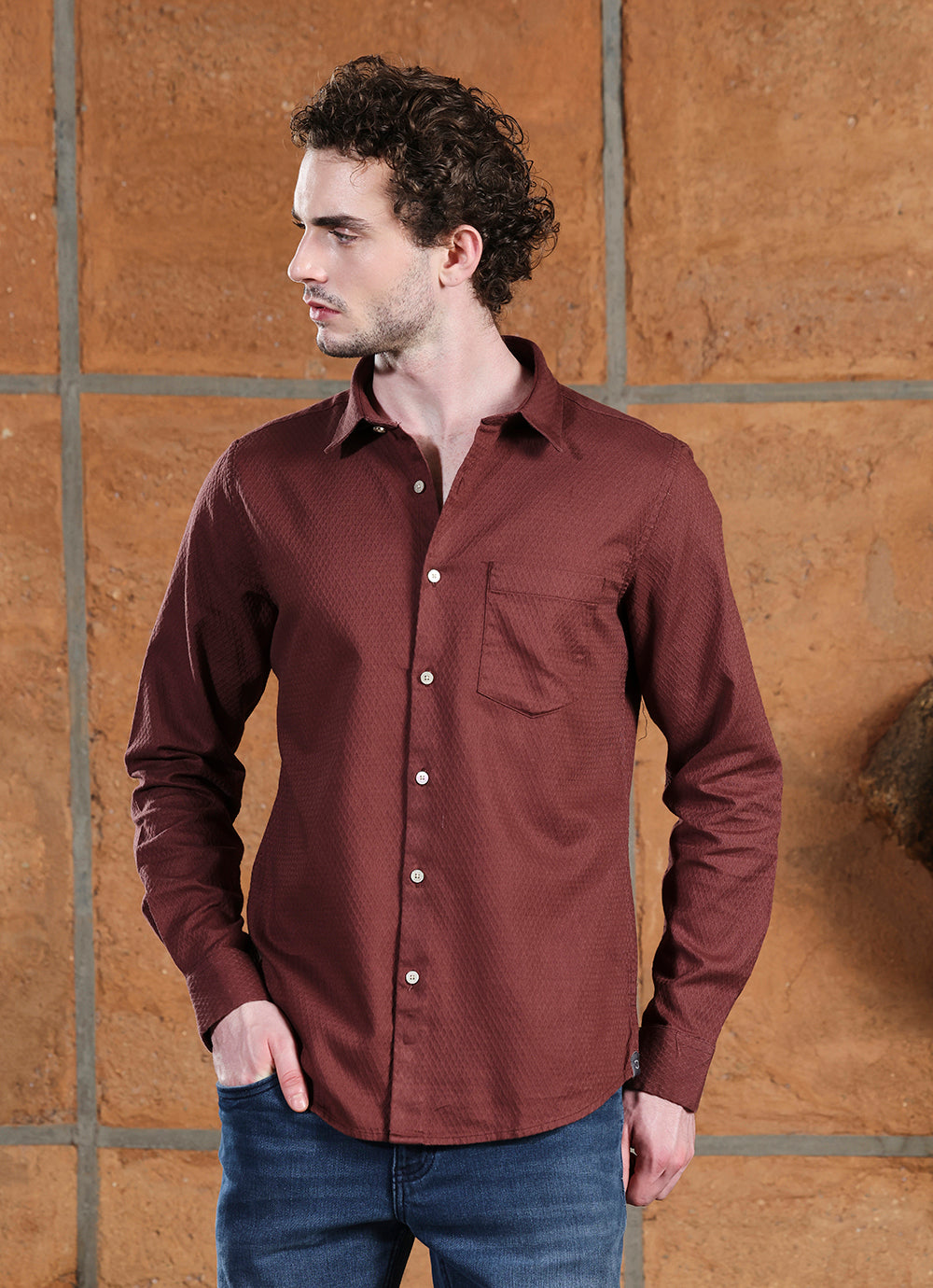 Brown Solids Cotton Slim Fit Shirt