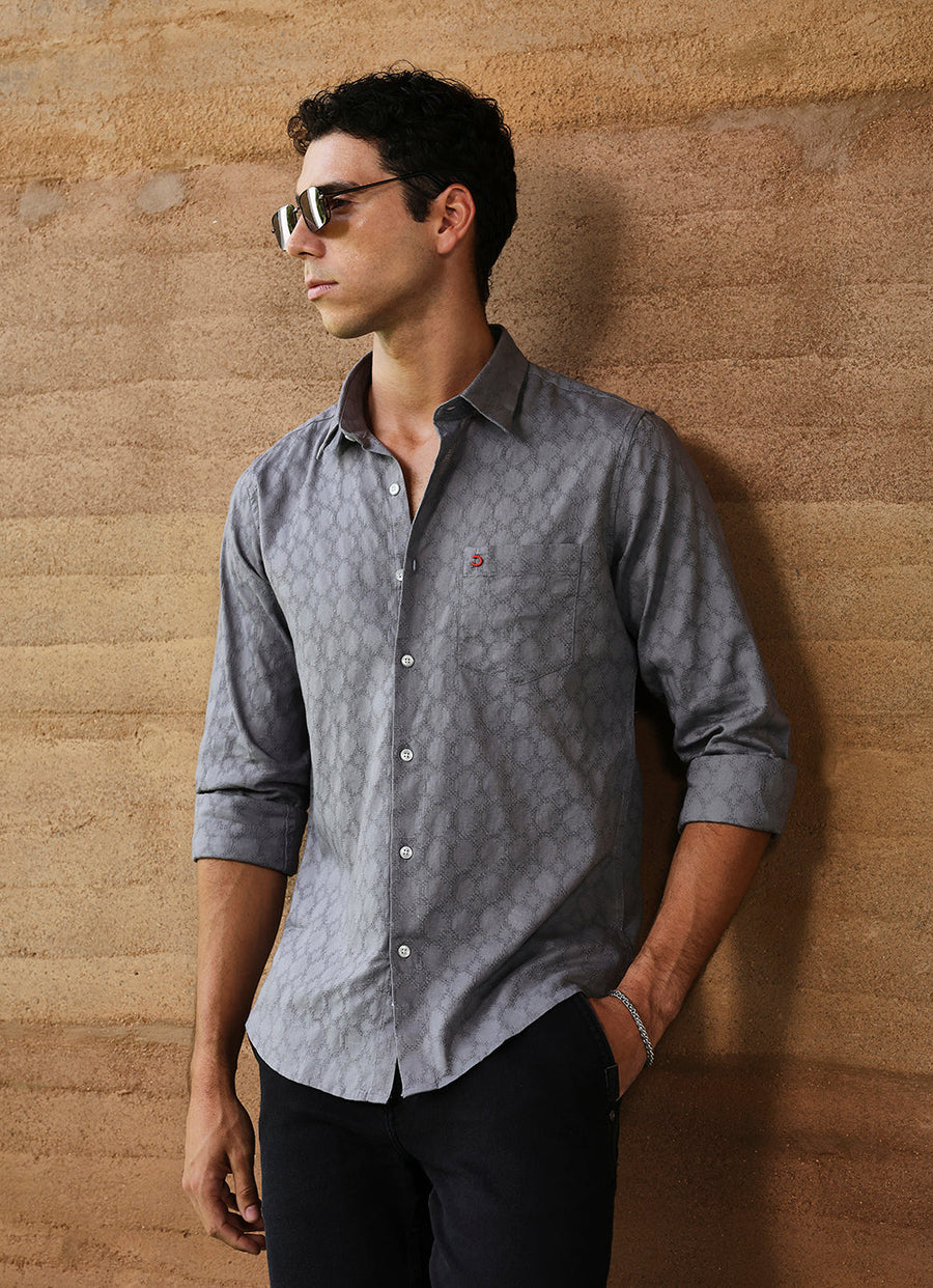 Grey Textured Cotton Slim Fit Shirt