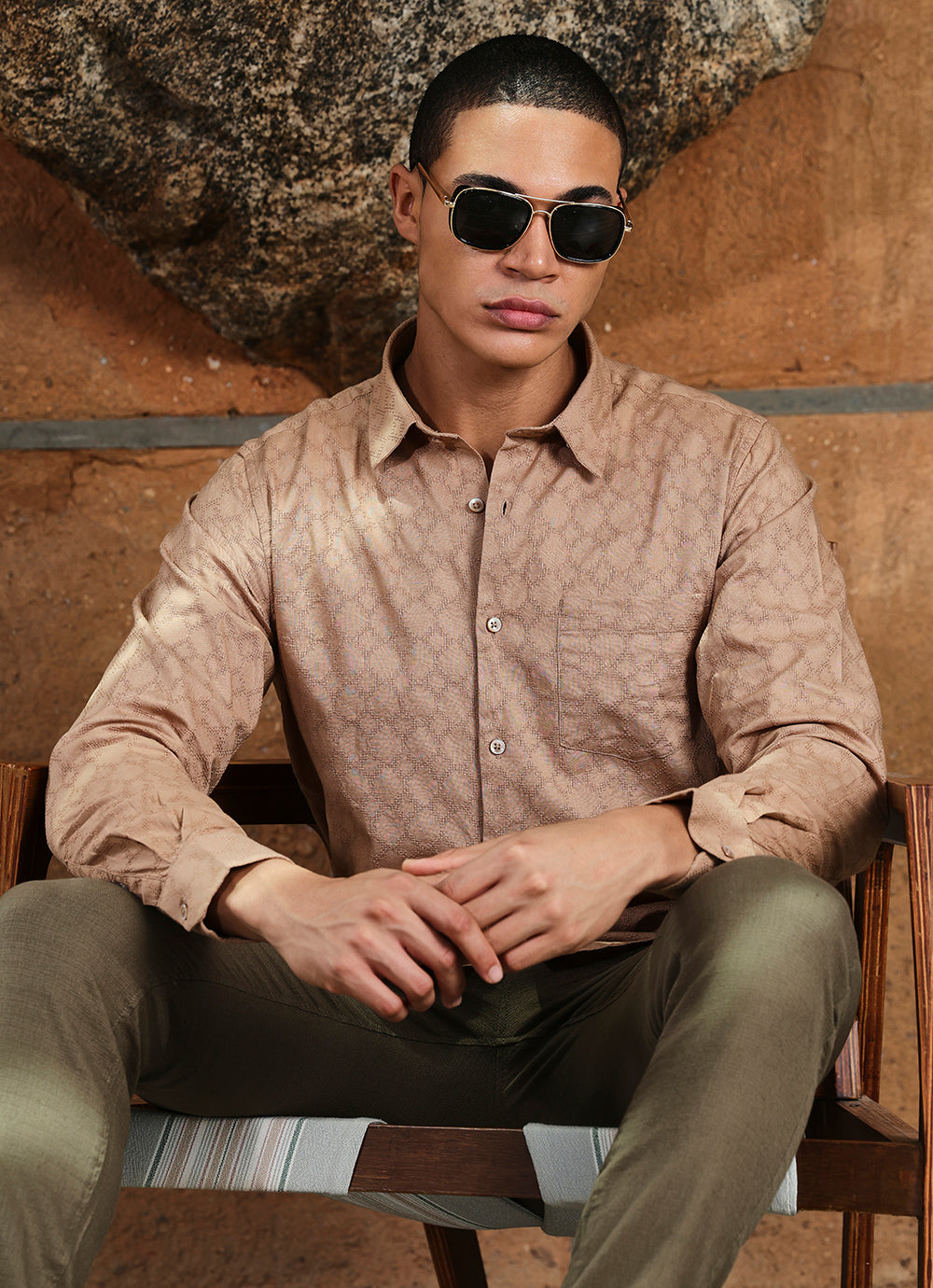 Khaki Solids Cotton Slim Fit Shirt