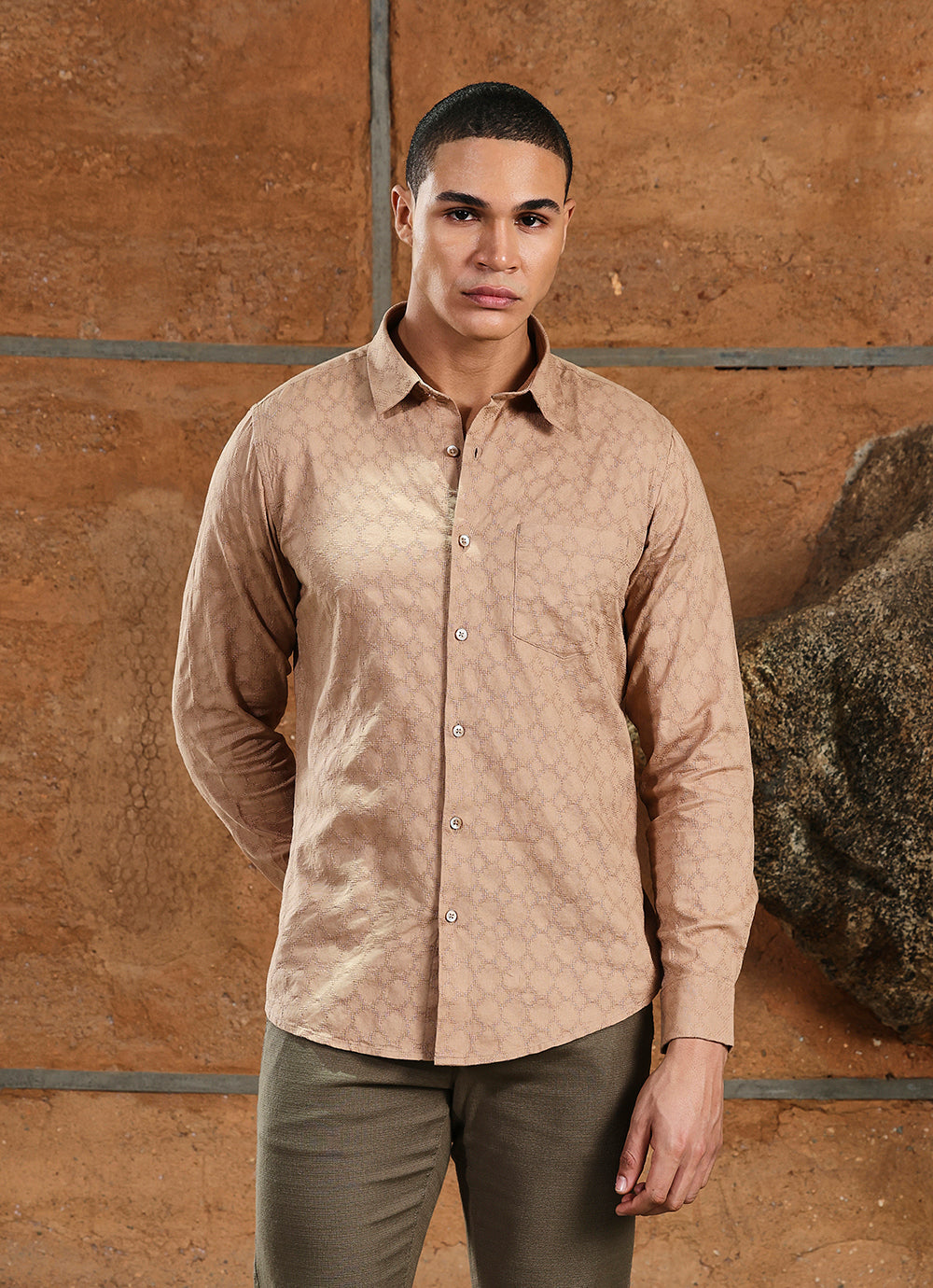 Khaki Solids Cotton Slim Fit Shirt