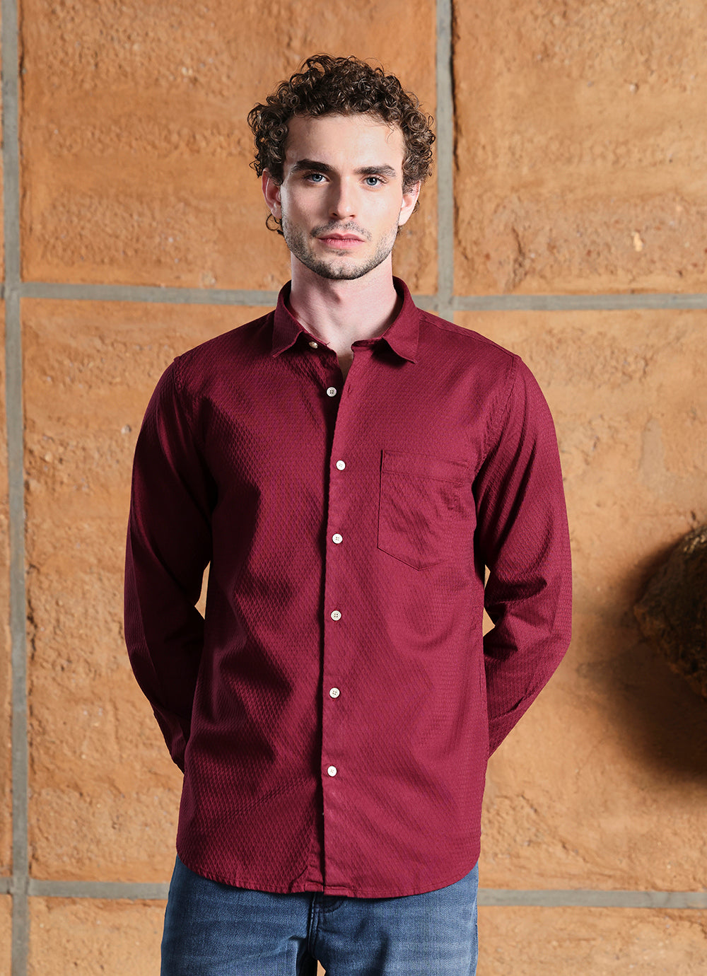 Maroon Solids Cotton Slim Fit Shirt