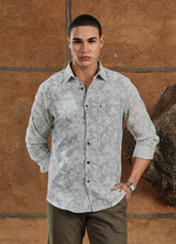 Beige Print Cotton Slim Fit Shirt