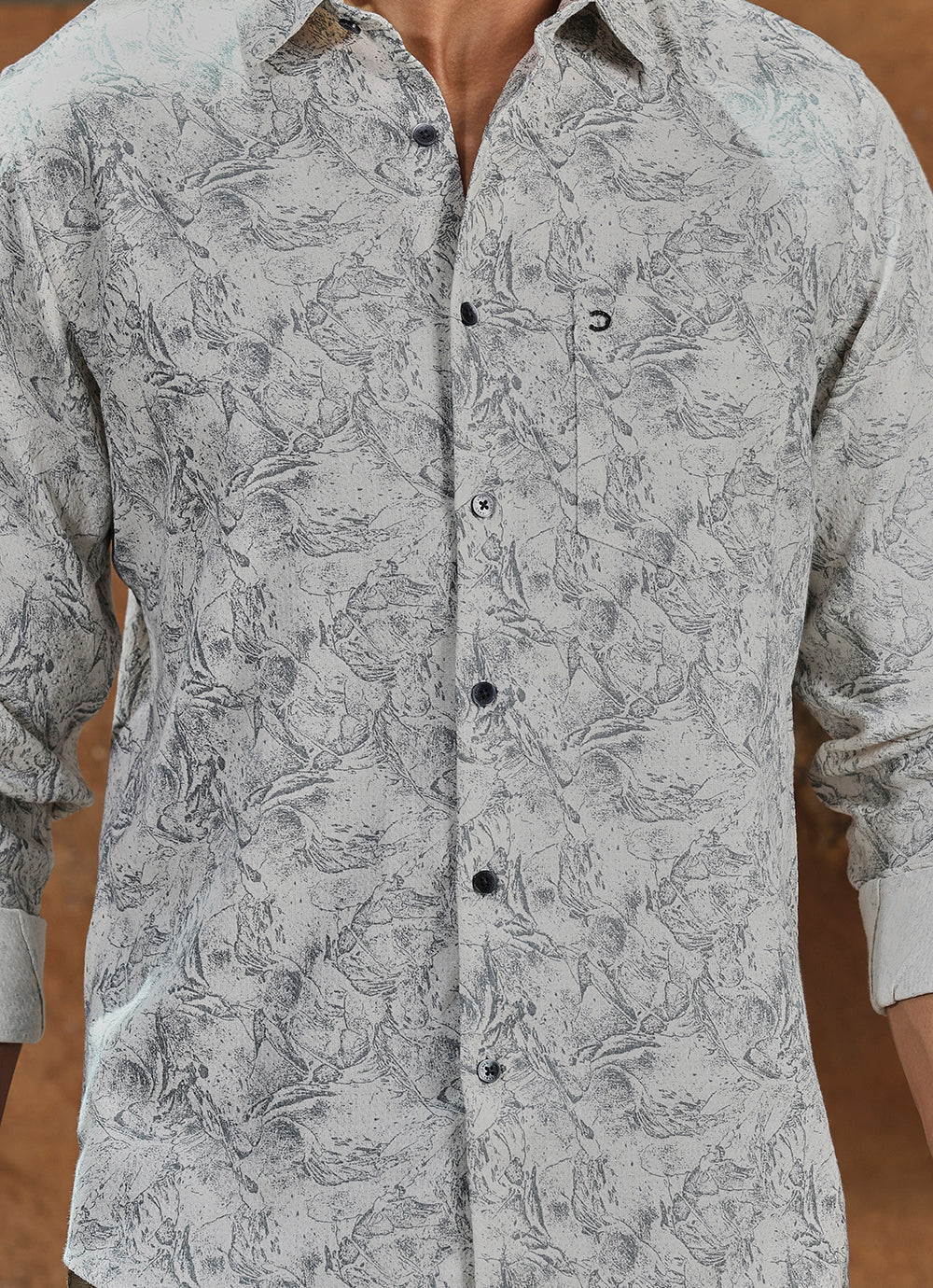 Beige Print Cotton Slim Fit Shirt