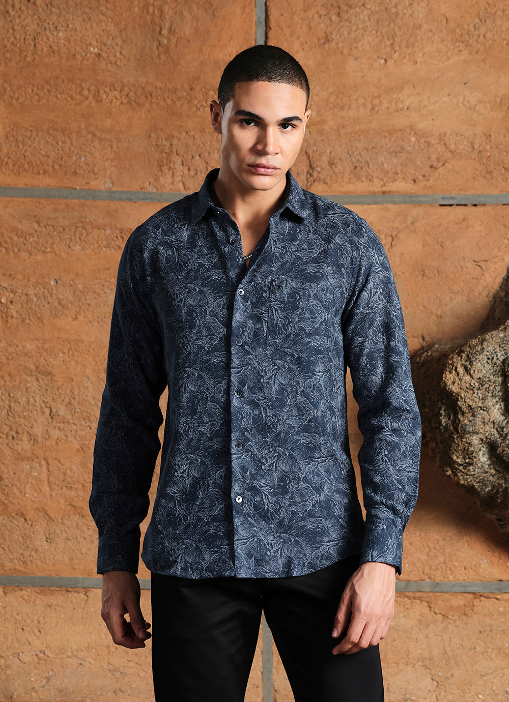 Navy Print Cotton Slim Fit Shirt