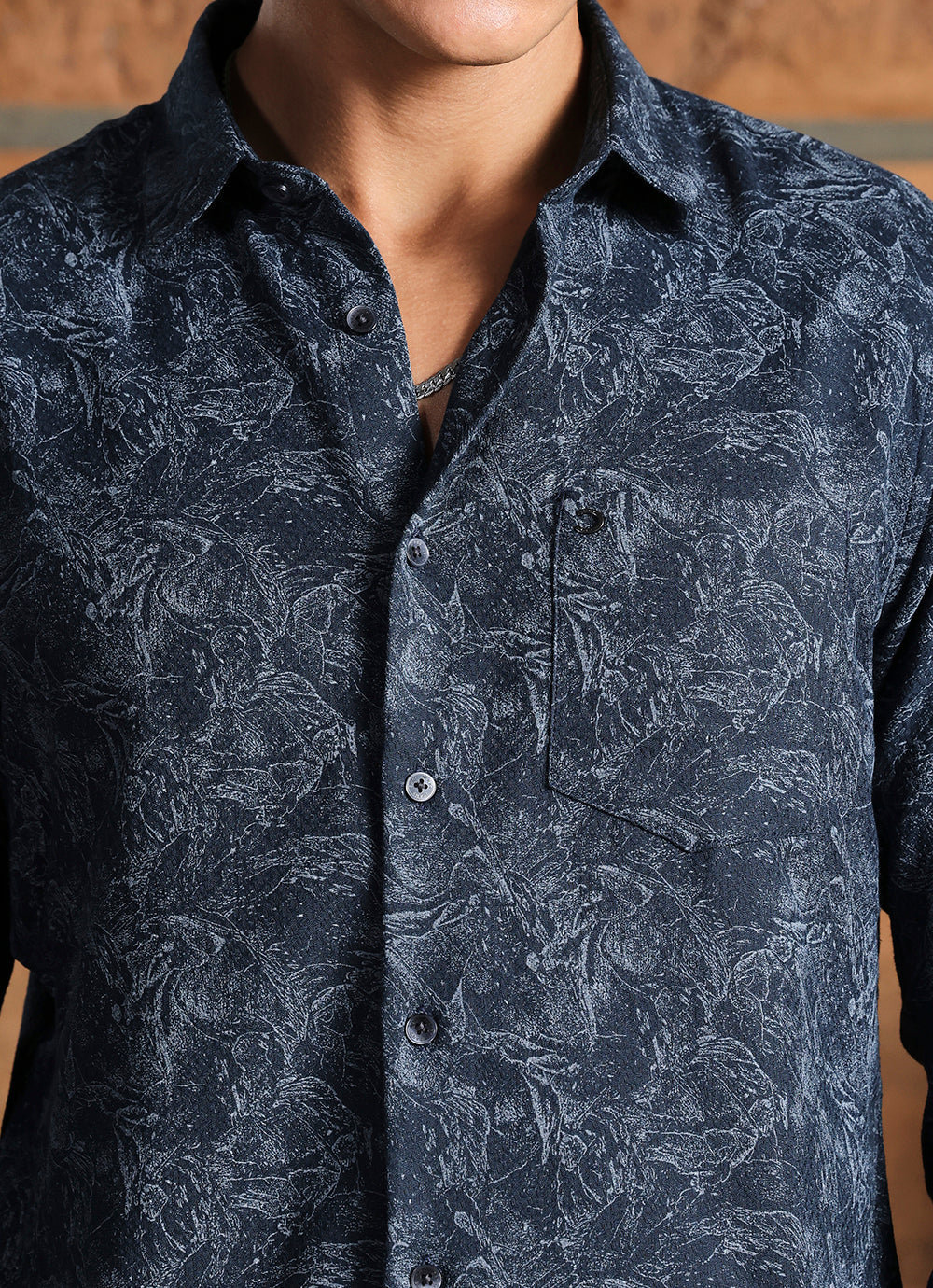 Navy Print Cotton Slim Fit Shirt