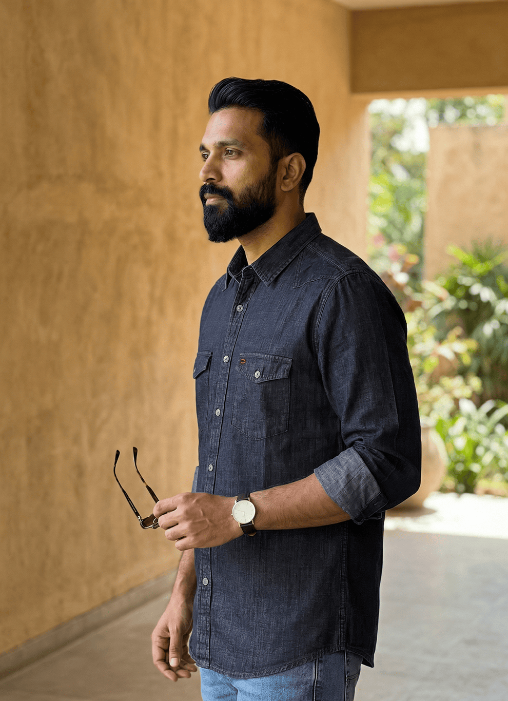 Indigo Cross Hatch Denim Cotton Slim Fit Full Sleeve Shirt