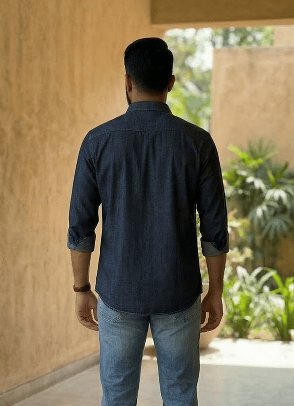Indigo Cross Hatch Denim Cotton Slim Fit Full Sleeve Shirt