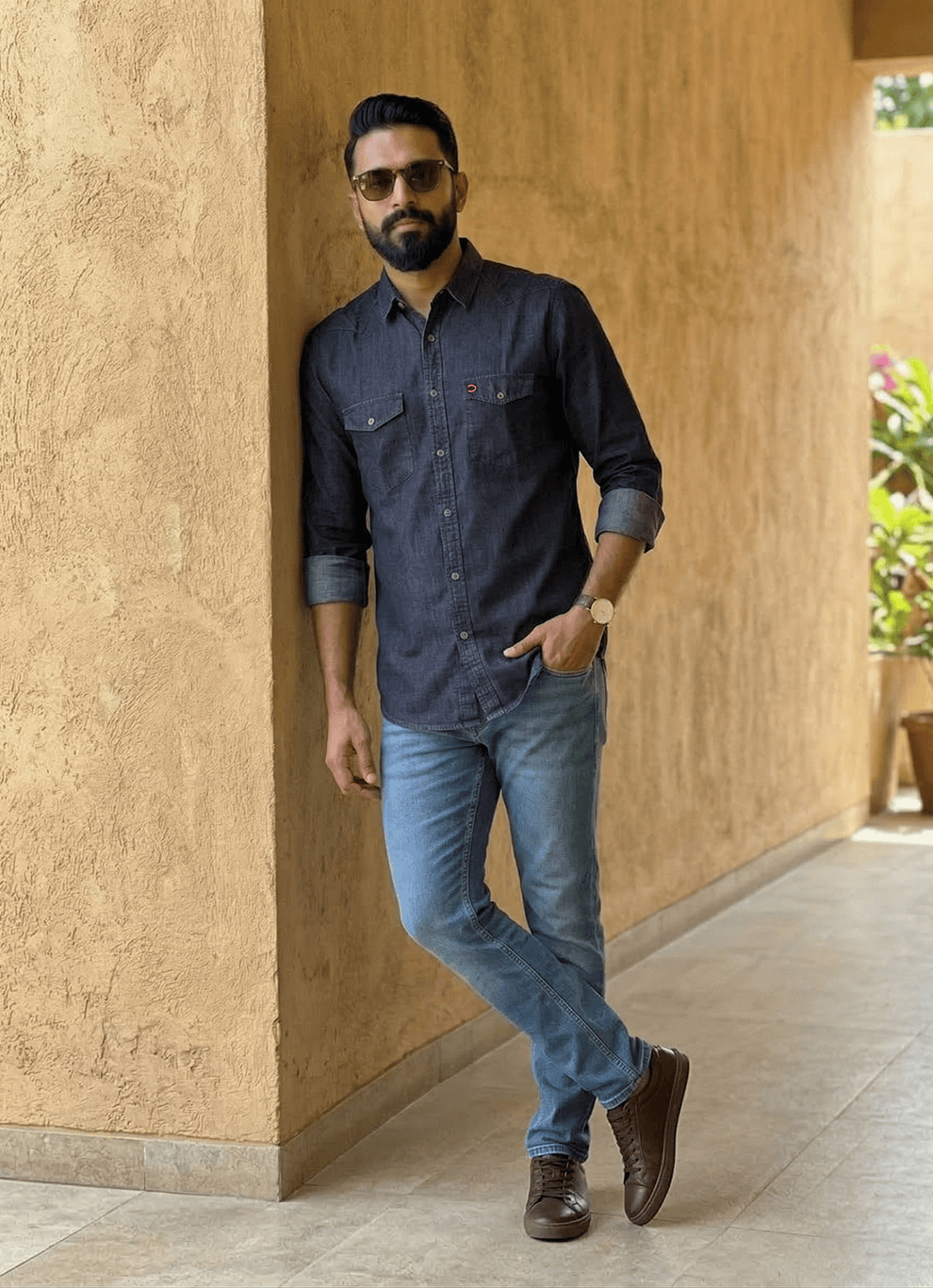 Indigo Cross Hatch Denim Cotton Slim Fit Full Sleeve Shirt