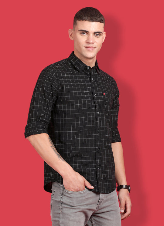 Black Pure Cotton Checkered Slim Fit Shirt with Single Patch Pocket