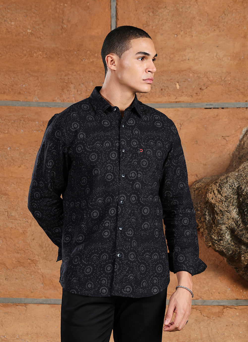Black Print Amslar Cotton Slim Fit Shirt