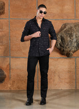 Black Print Amslar Cotton Slim Fit Shirt, view 5