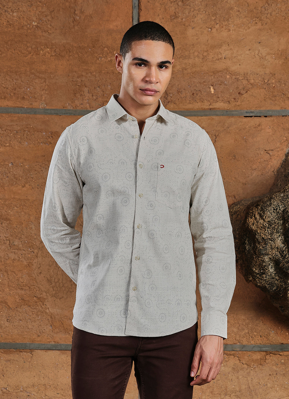 Cream Print Amslar Cotton Slim Fit Shirt