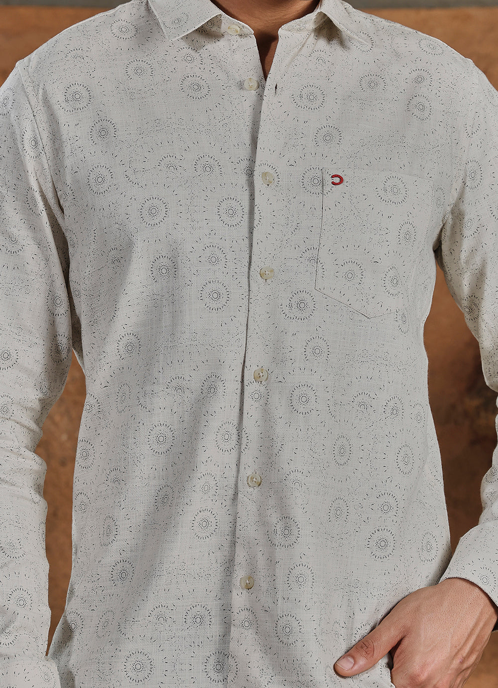 Cream Print Amslar Cotton Slim Fit Shirt