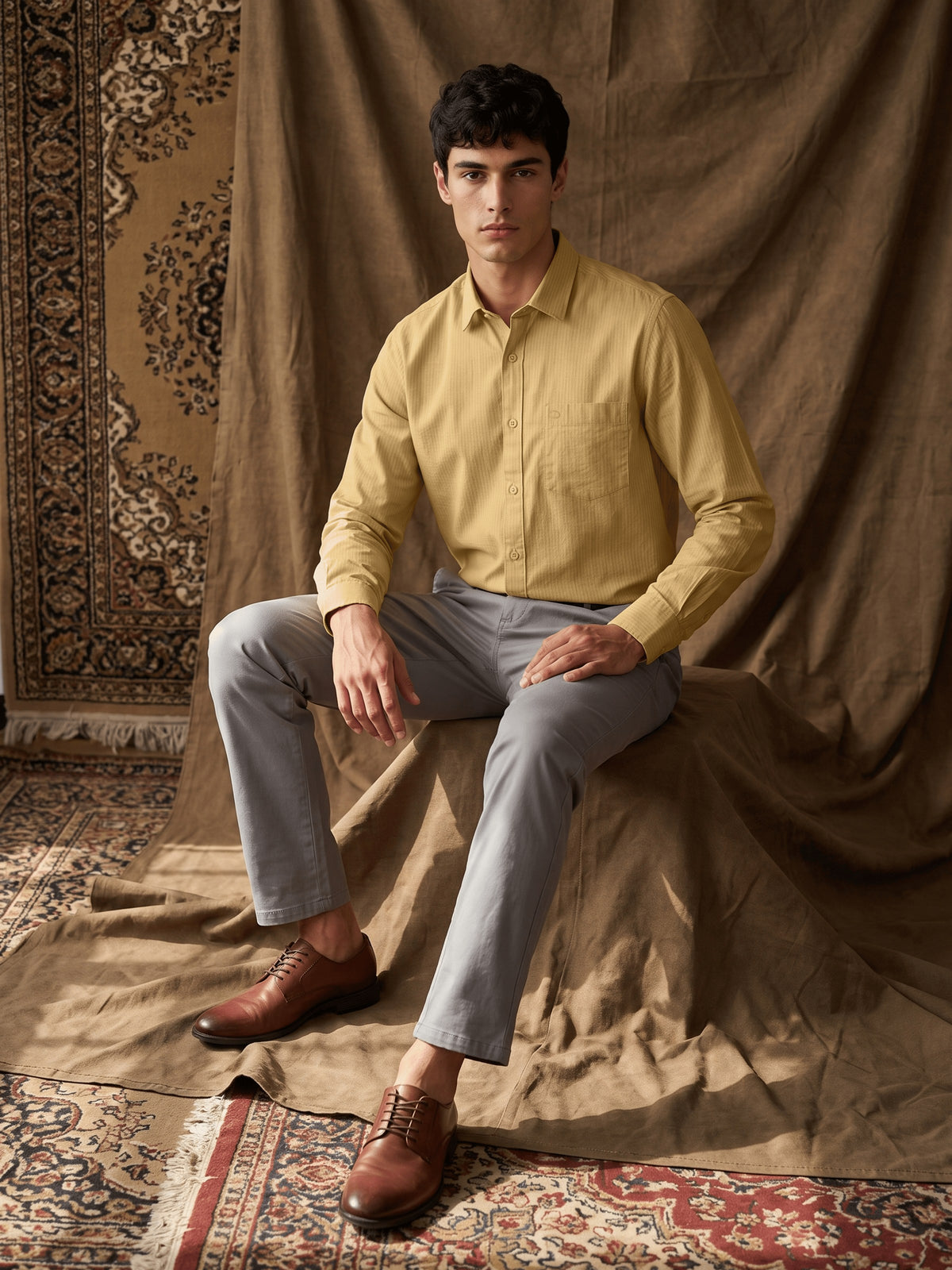 Yellow Textured Cotton Slim Fit Full Sleeve Shirt