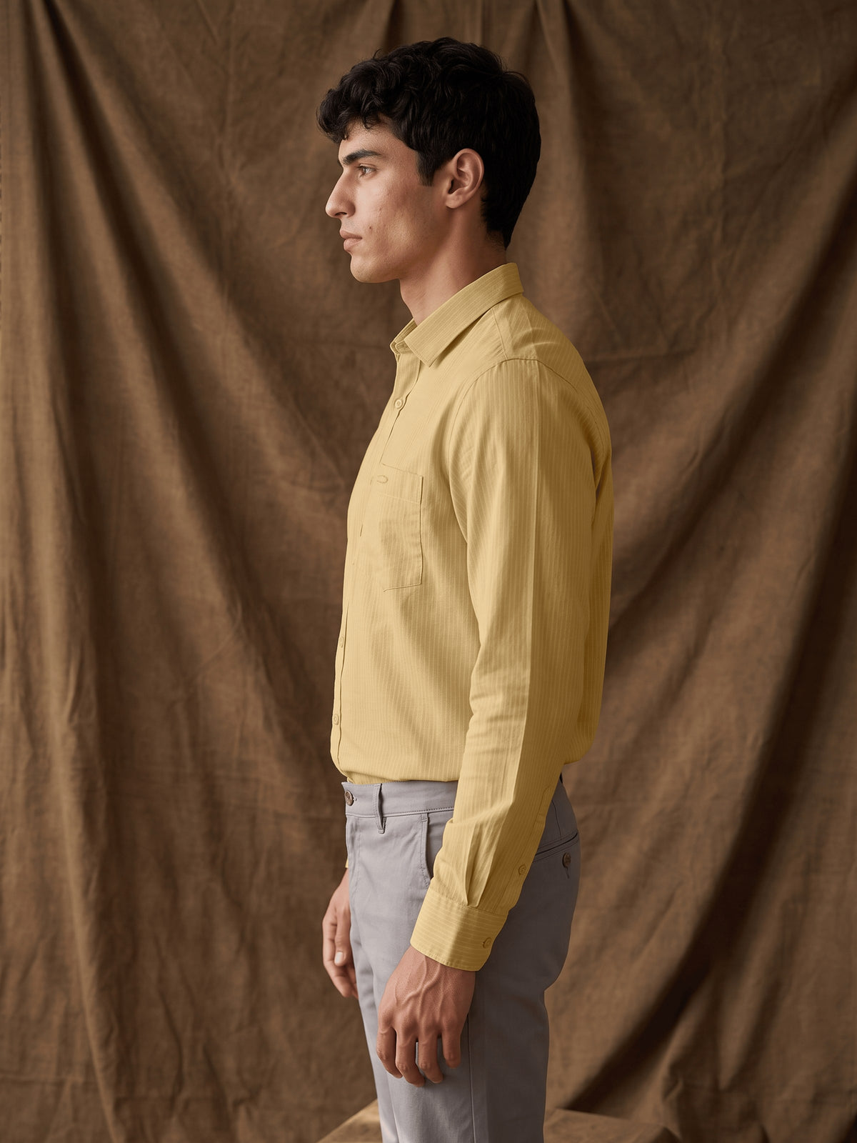 Yellow Textured Cotton Slim Fit Full Sleeve Shirt