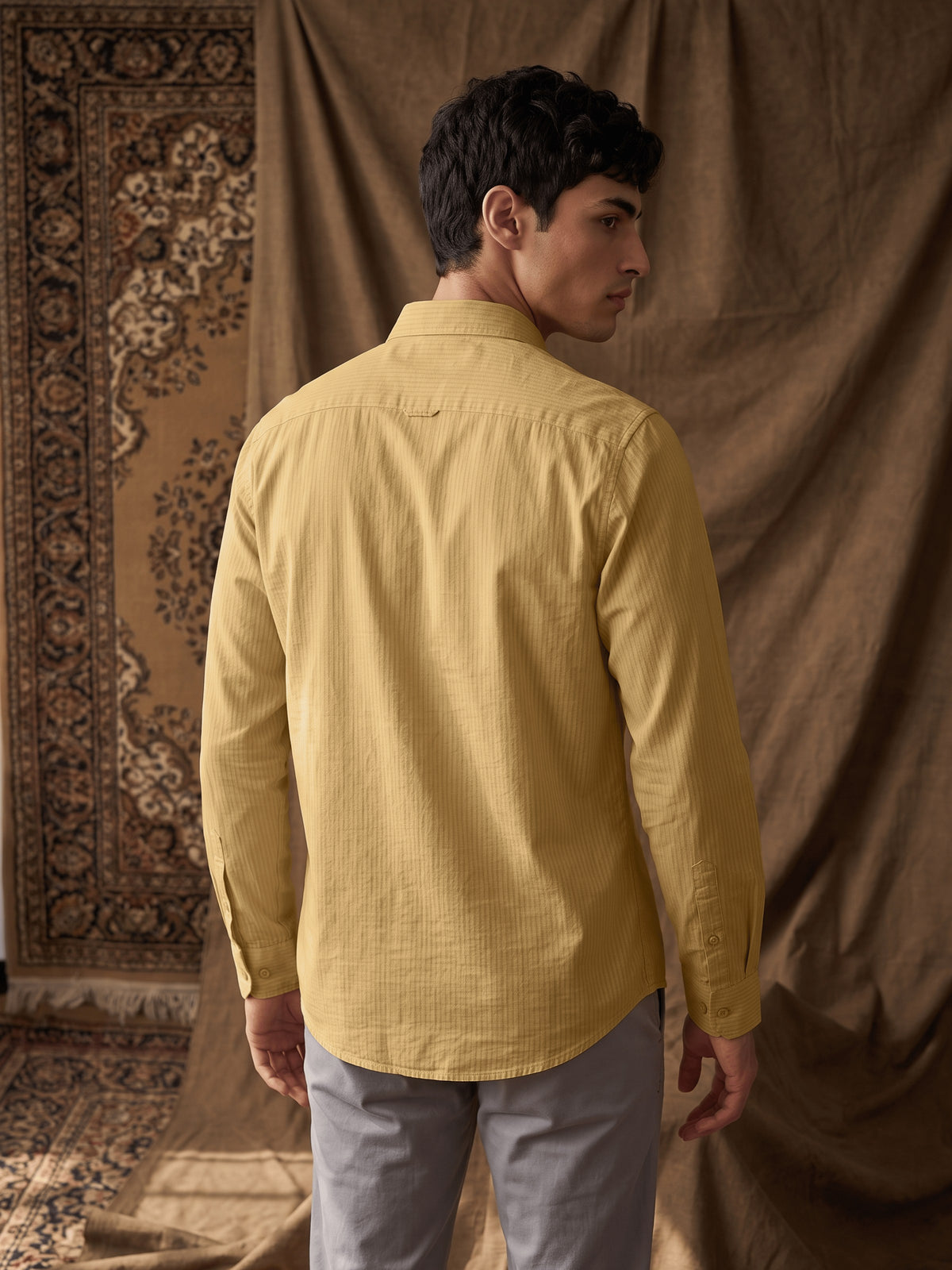 Yellow Textured Cotton Slim Fit Full Sleeve Shirt