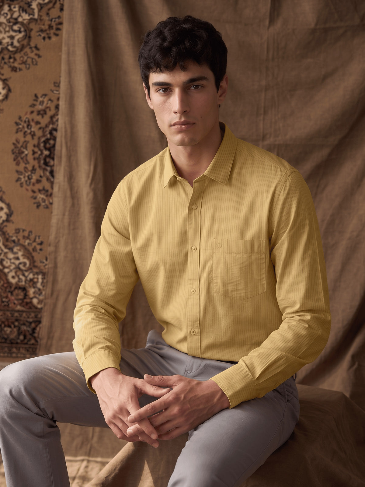 Yellow Textured Cotton Slim Fit Full Sleeve Shirt
