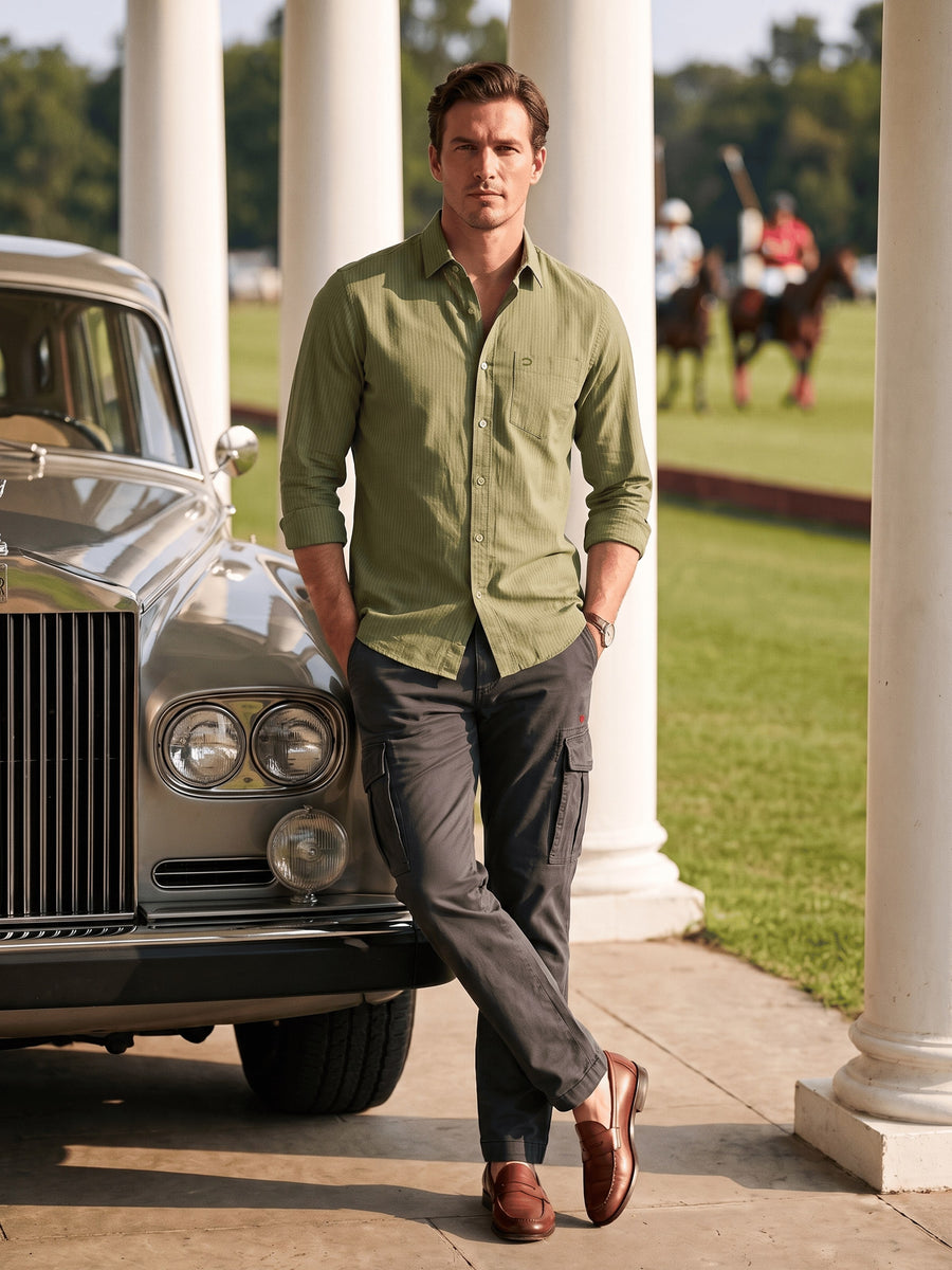 Olive Textured Cotton Slim Fit Full Sleeve Shirt