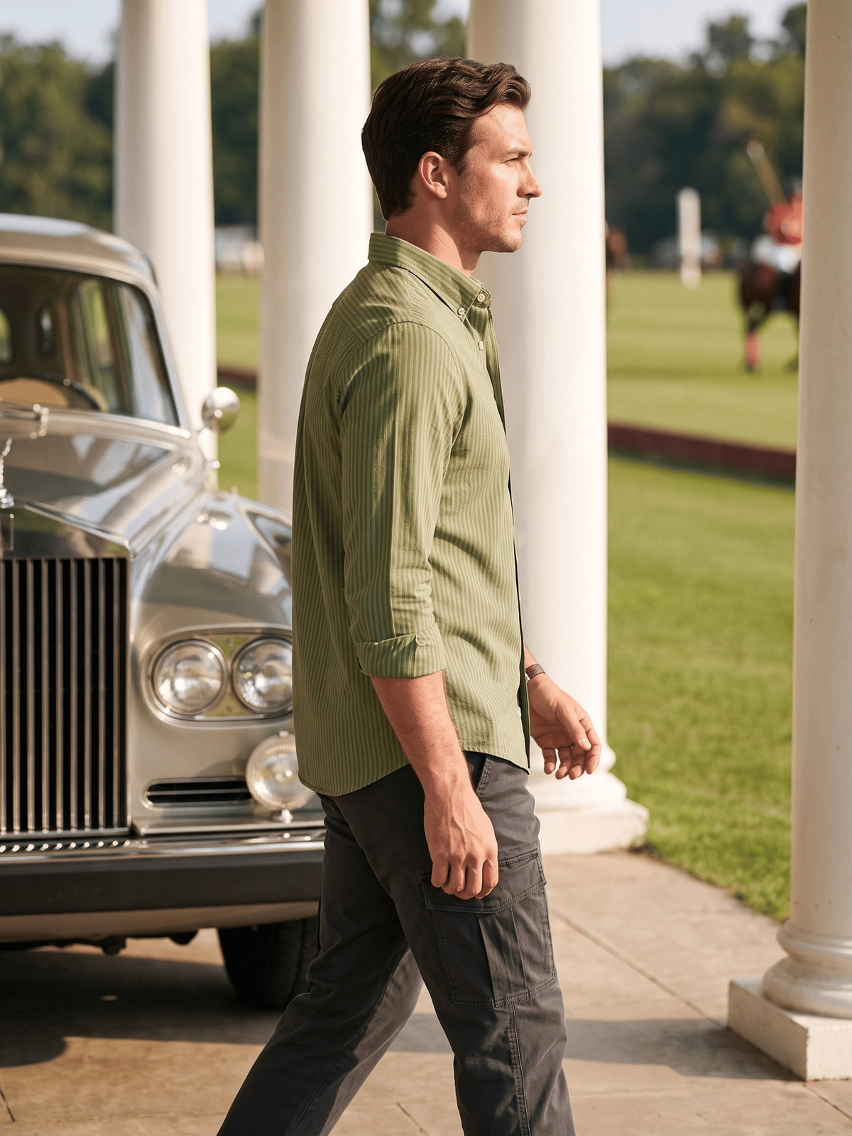 Olive Textured Cotton Slim Fit Full Sleeve Shirt