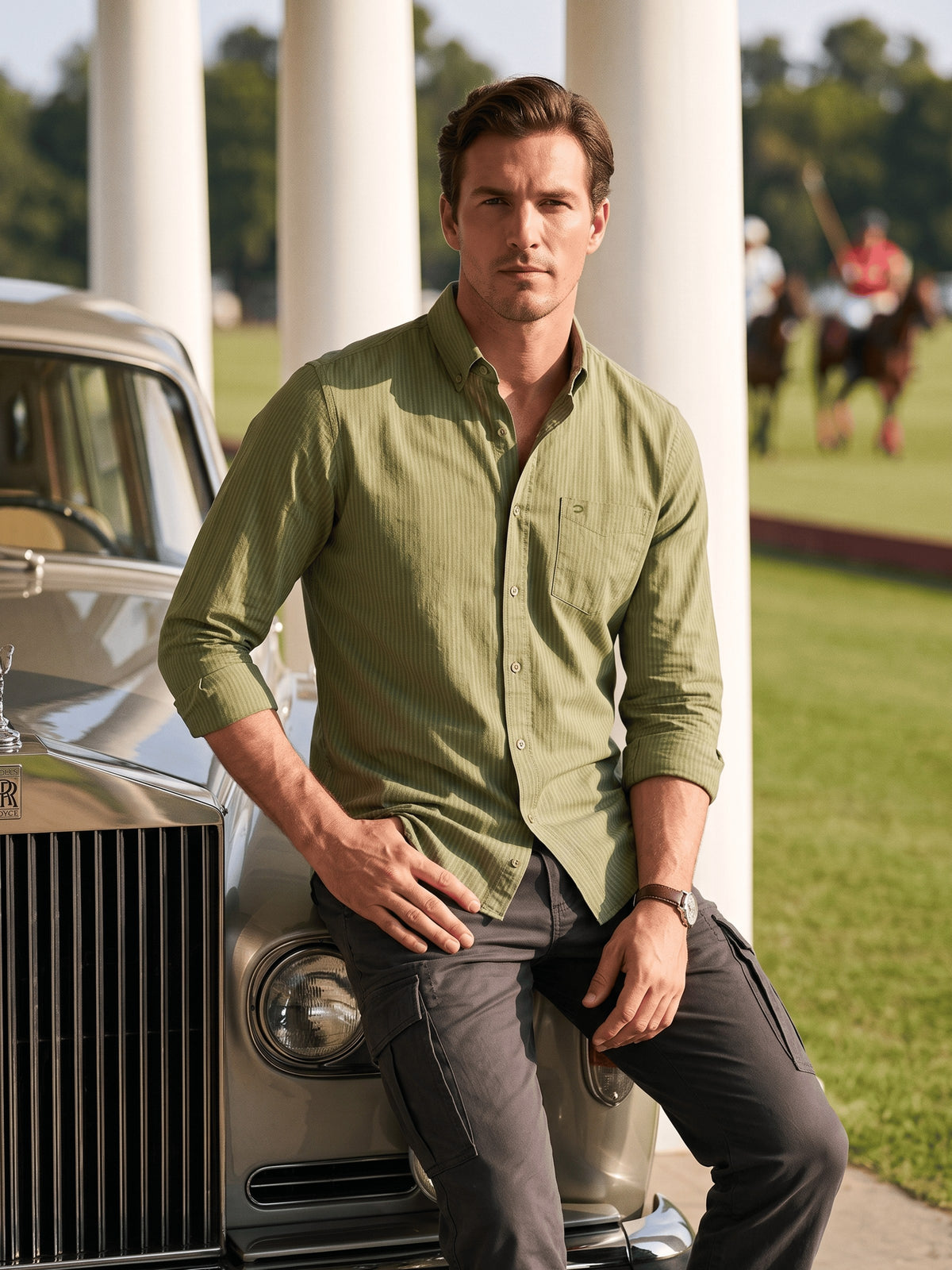 Olive Textured Cotton Slim Fit Full Sleeve Shirt