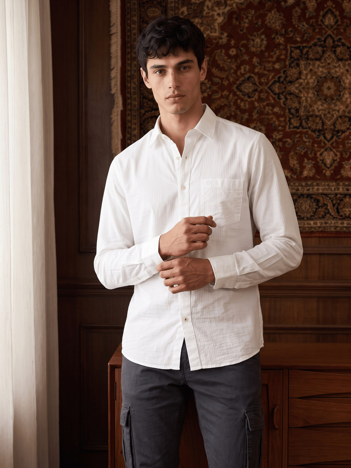 White Textured Cotton Slim Fit Full Sleeve Shirt