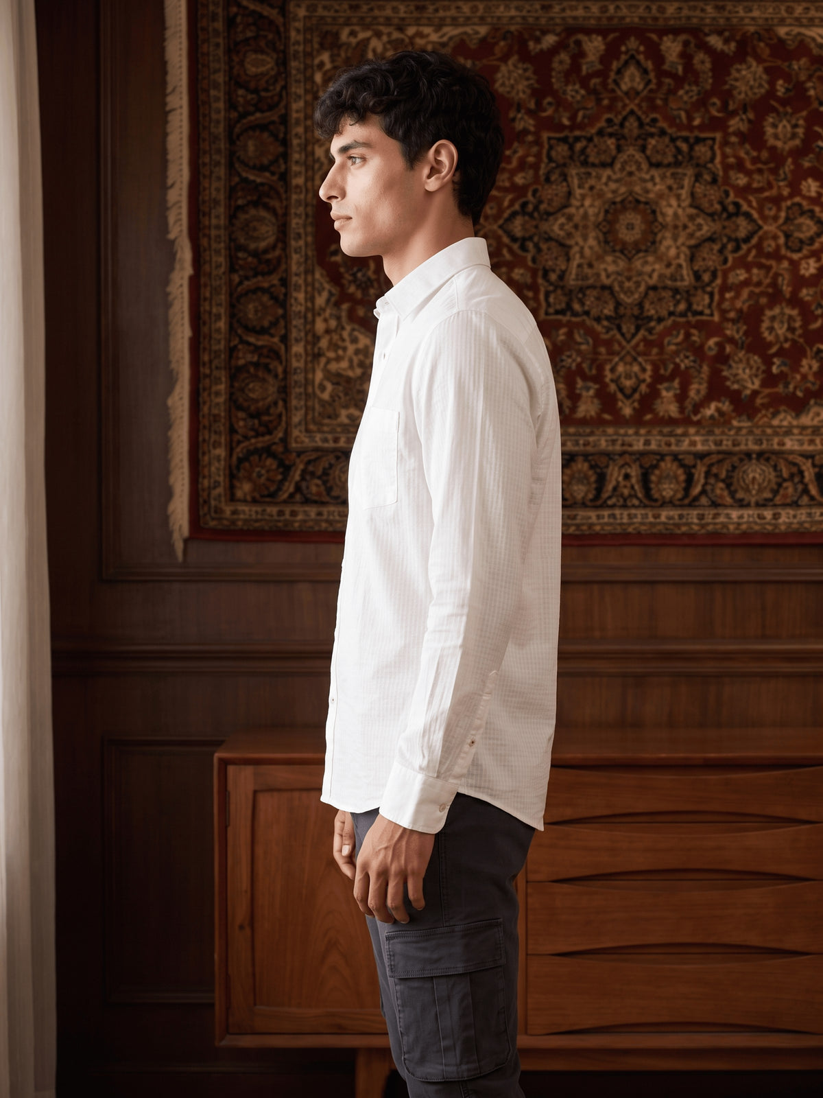 White Textured Cotton Slim Fit Full Sleeve Shirt