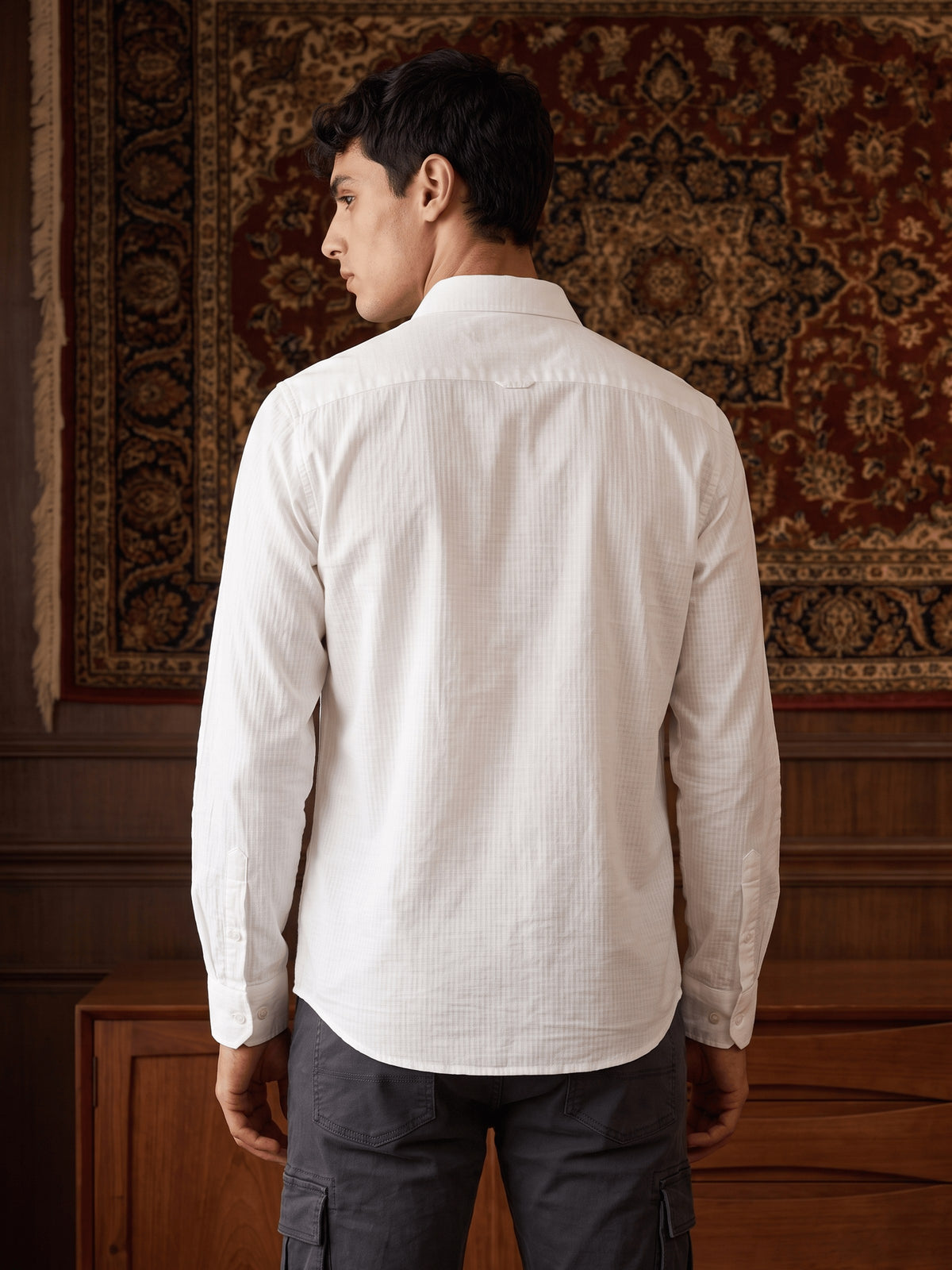 White Textured Cotton Slim Fit Full Sleeve Shirt