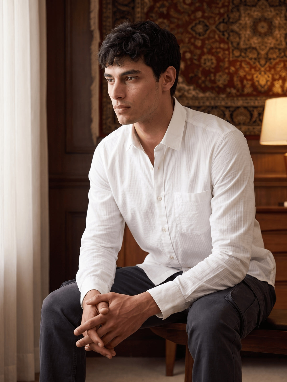 White Textured Cotton Slim Fit Full Sleeve Shirt