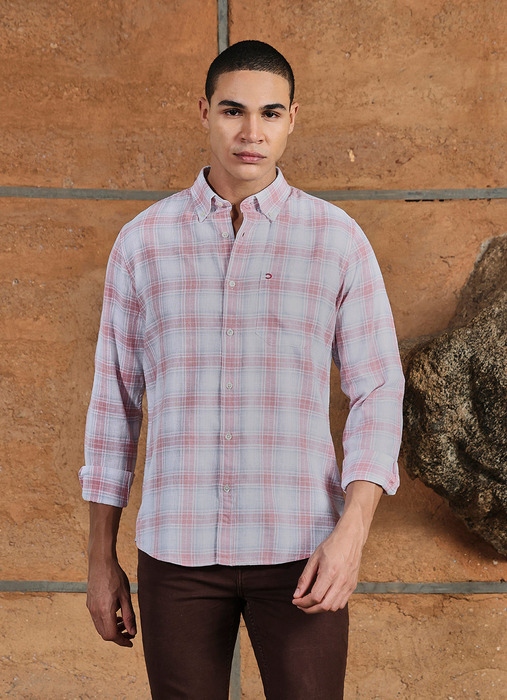 Pink Checks Linen Blend Slim Fit Shirt