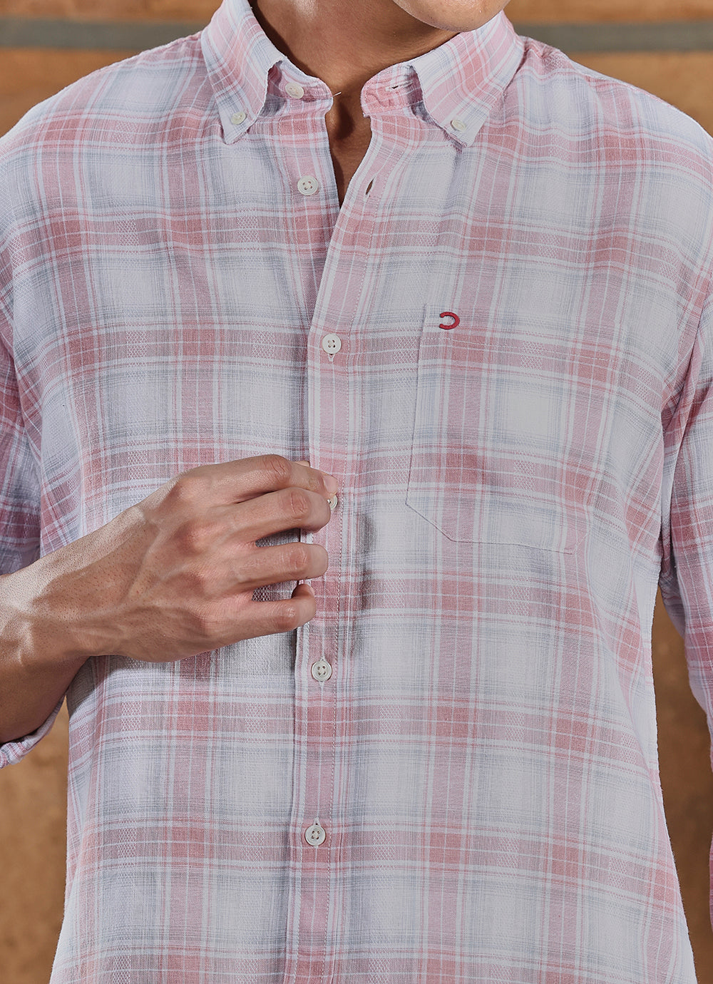 Pink Checks Linen Blend Slim Fit Shirt