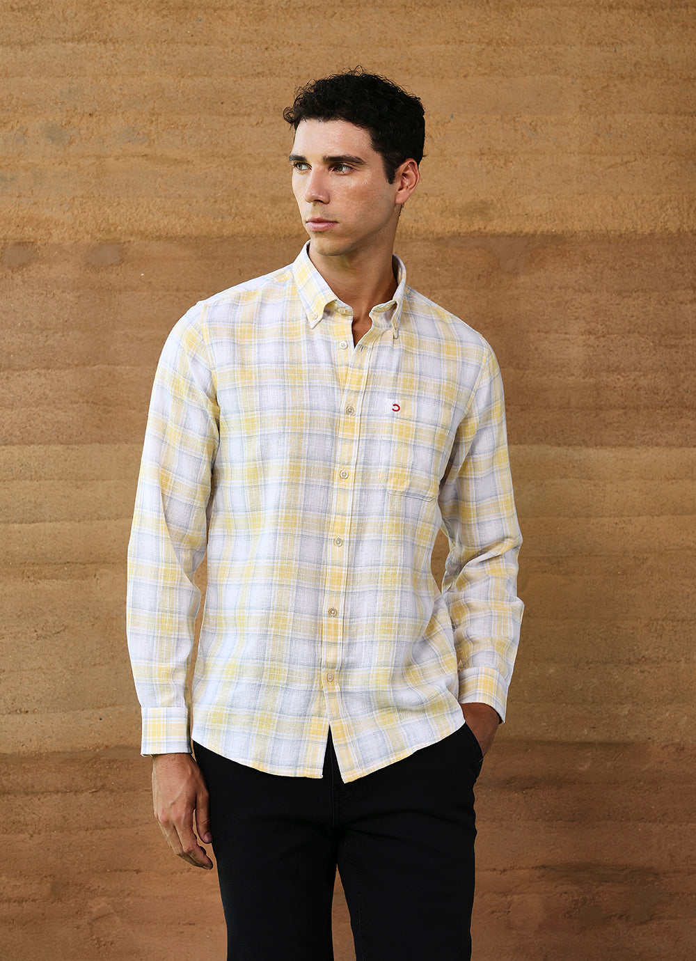 Yellow Checks Linen Blend Slim Fit Shirt