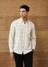 Yellow Checks Linen Blend Slim Fit Shirt