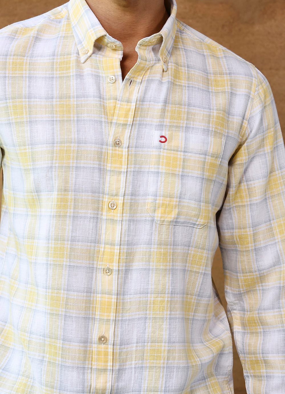 Yellow Checks Linen Blend Slim Fit Shirt