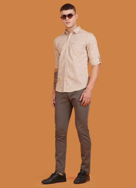 Khaki Cotton Linen Solid Slim Fit Shirt