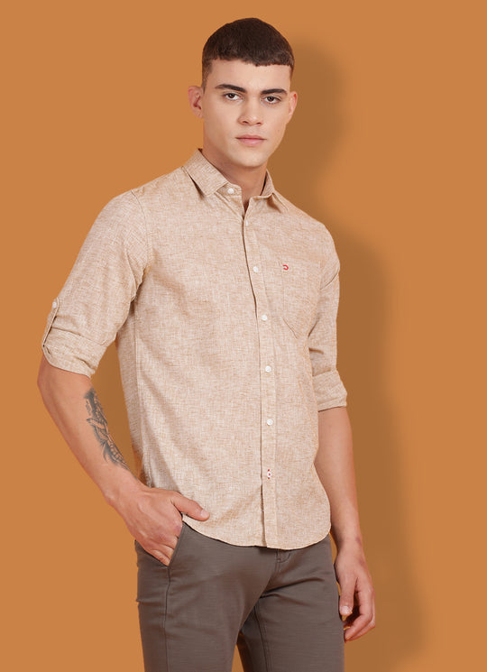 Khaki Cotton Linen Solid Slim Fit Shirt