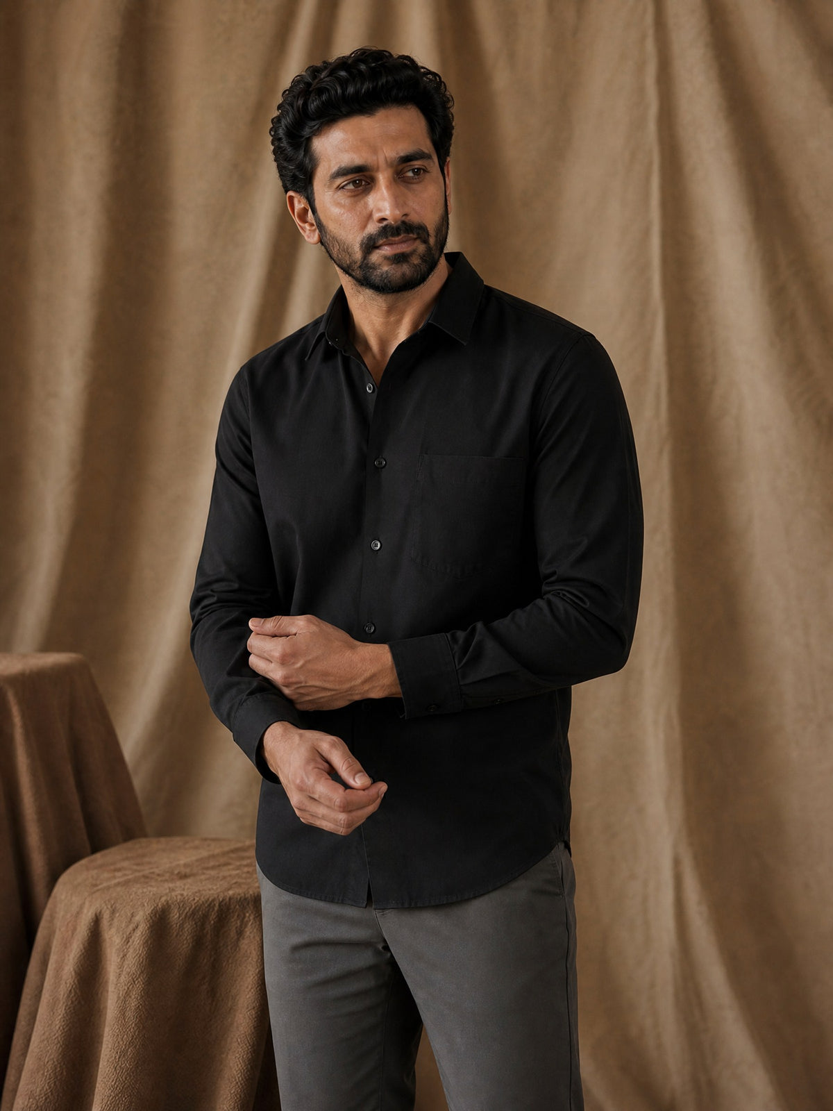 Black Cotton Slim Fit Full Sleeve Shirt