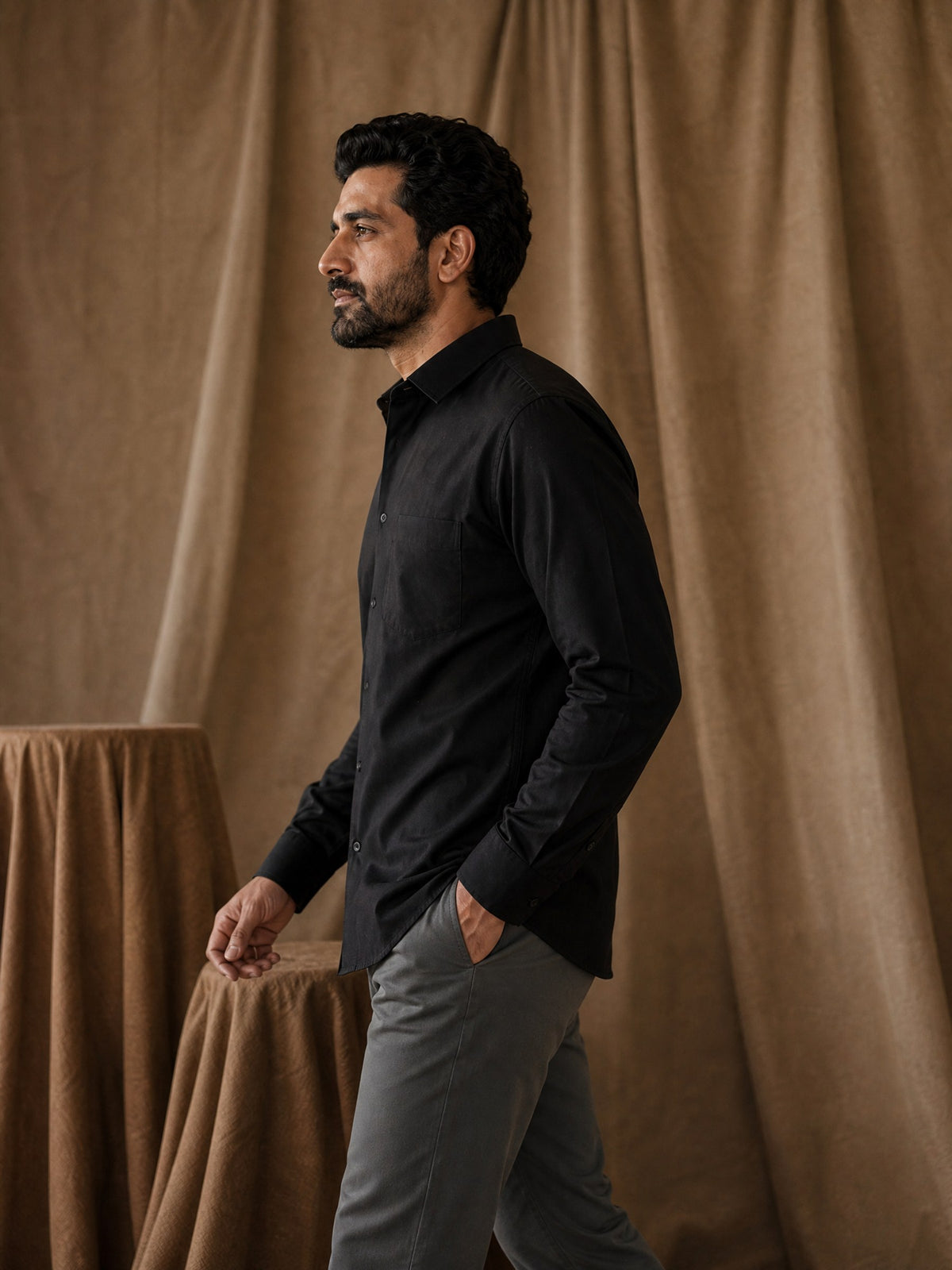 Black Cotton Slim Fit Full Sleeve Shirt