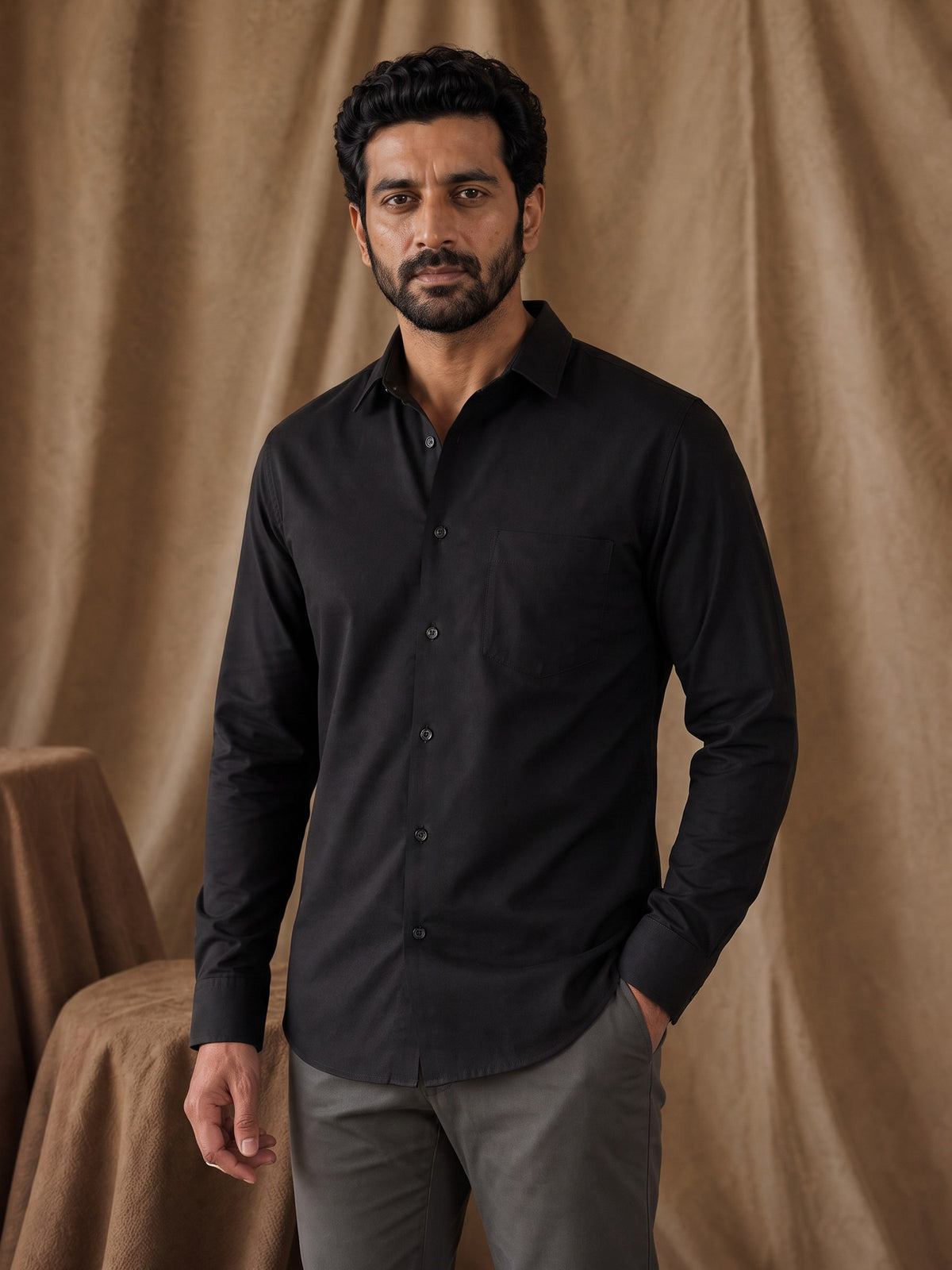 Black Cotton Slim Fit Full Sleeve Shirt