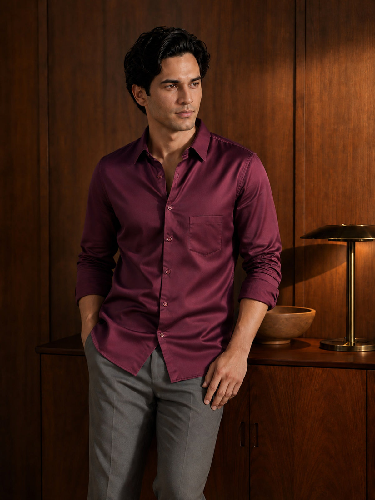 Maroon Cotton Slim Fit Full Sleeve Shirt
