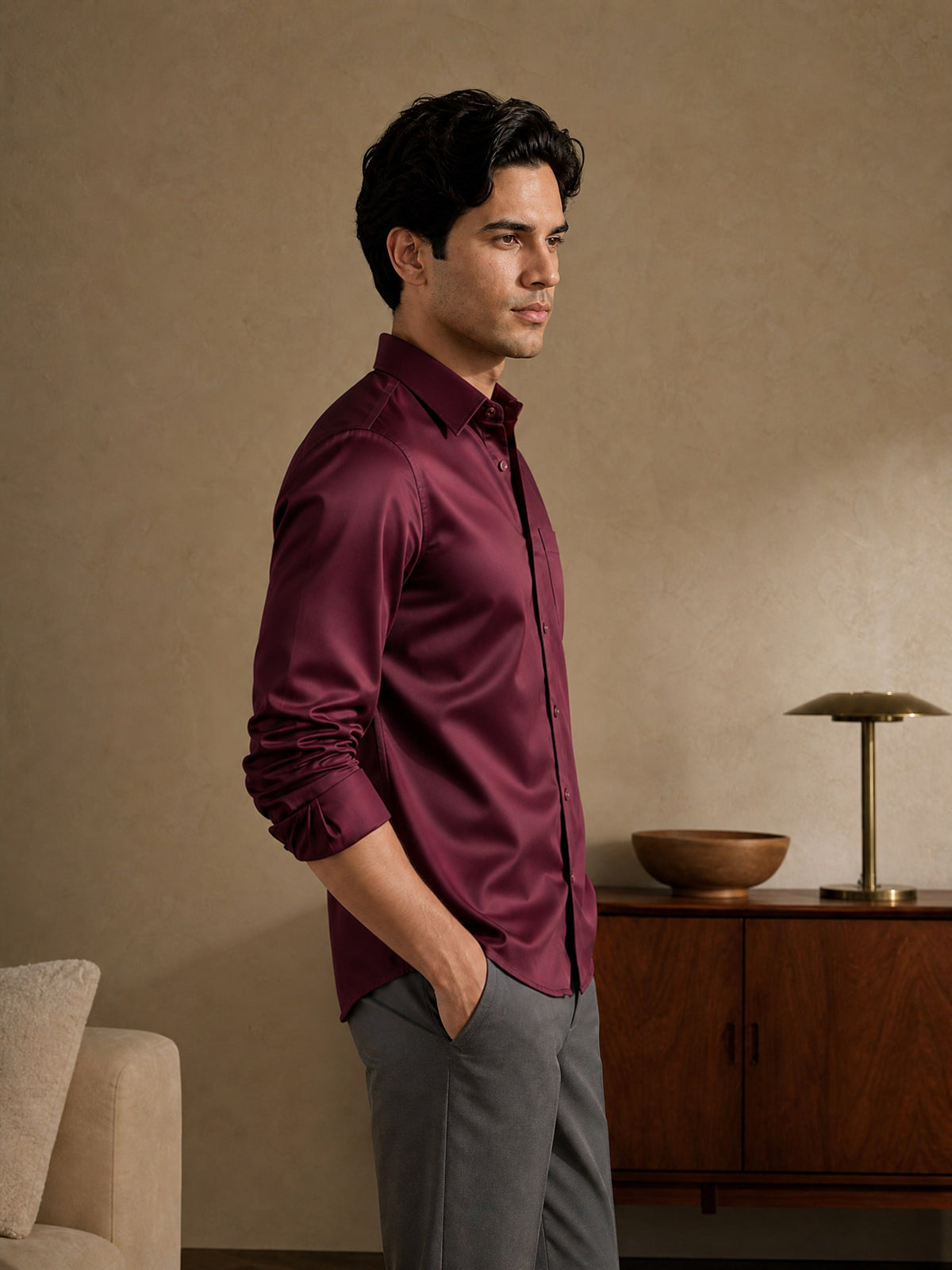 Maroon Cotton Slim Fit Full Sleeve Shirt