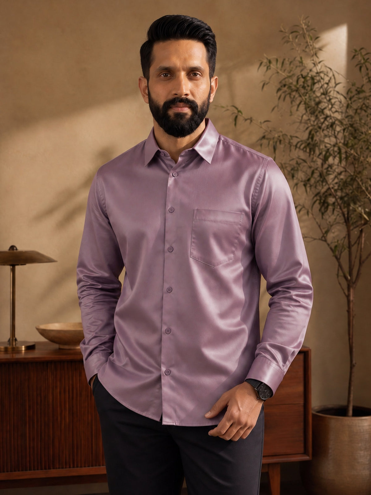 Pink Cotton Slim Fit Full Sleeve Shirt