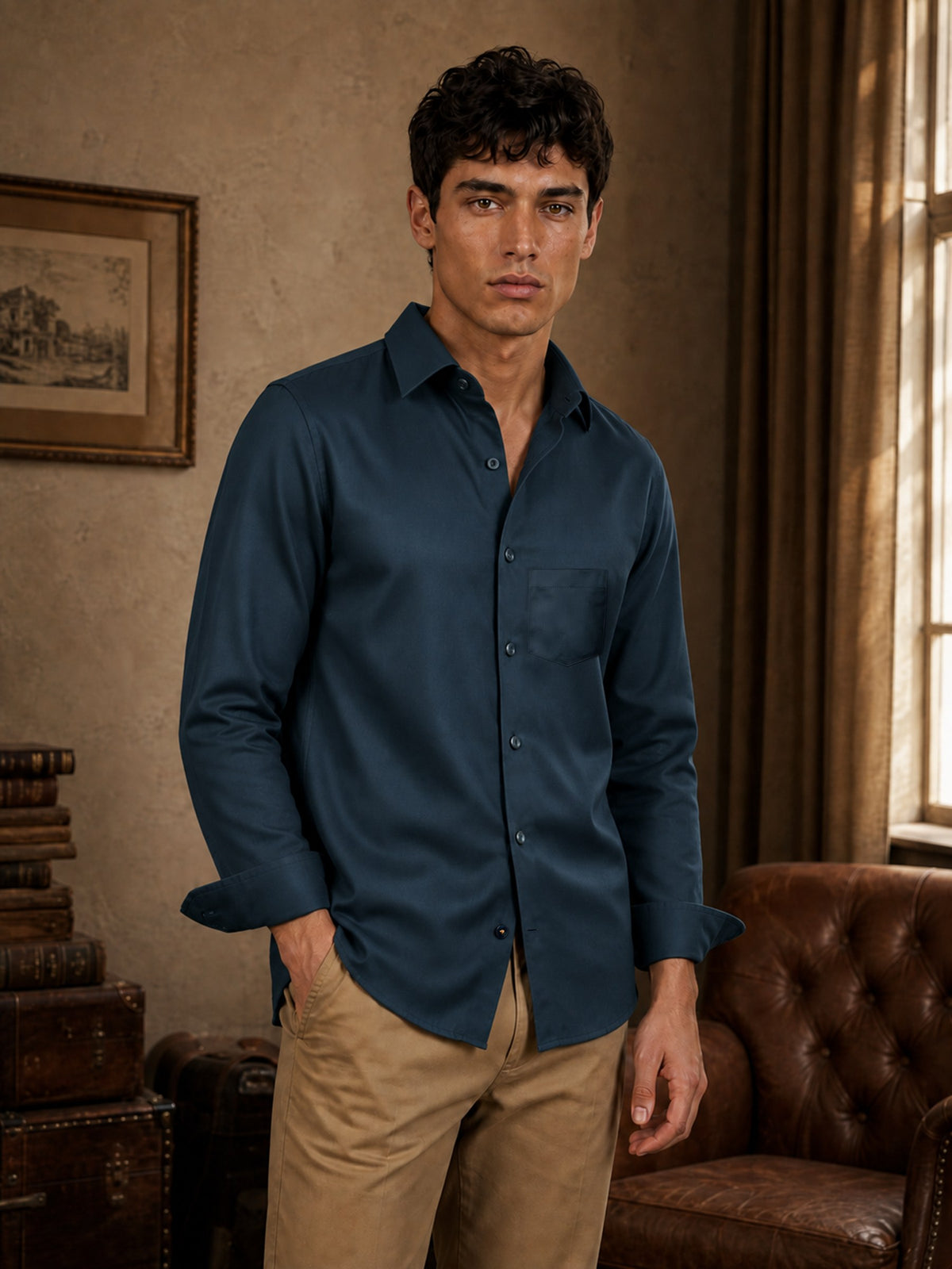 Teal Cotton Slim Fit Full Sleeve Shirt