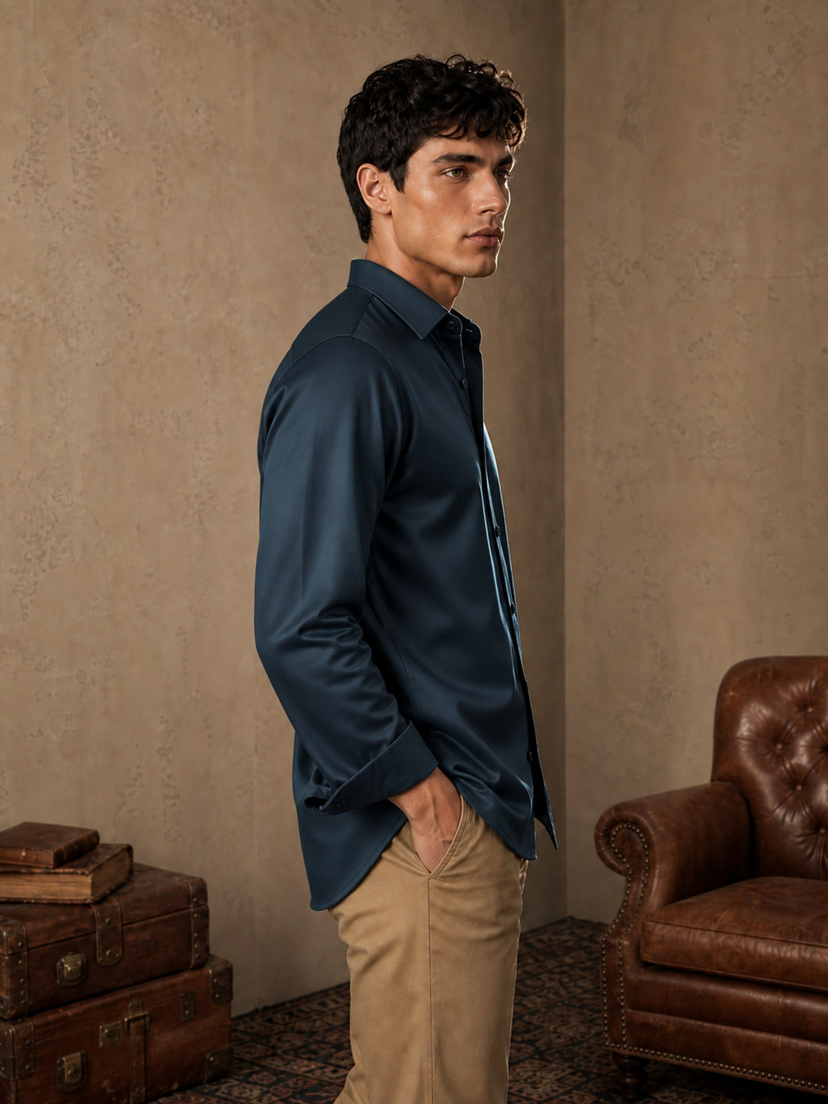 Teal Cotton Slim Fit Full Sleeve Shirt
