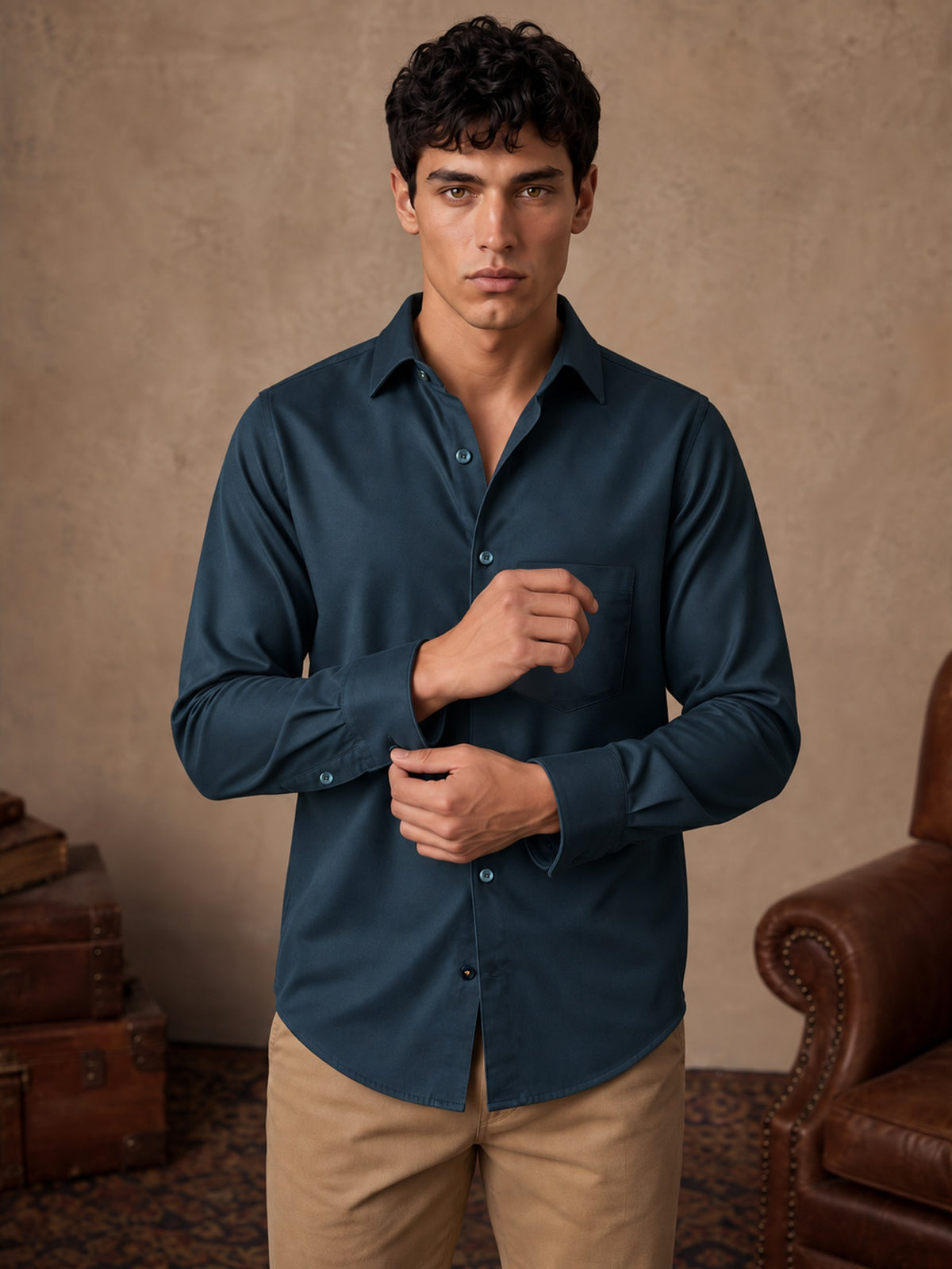 Teal Cotton Slim Fit Full Sleeve Shirt
